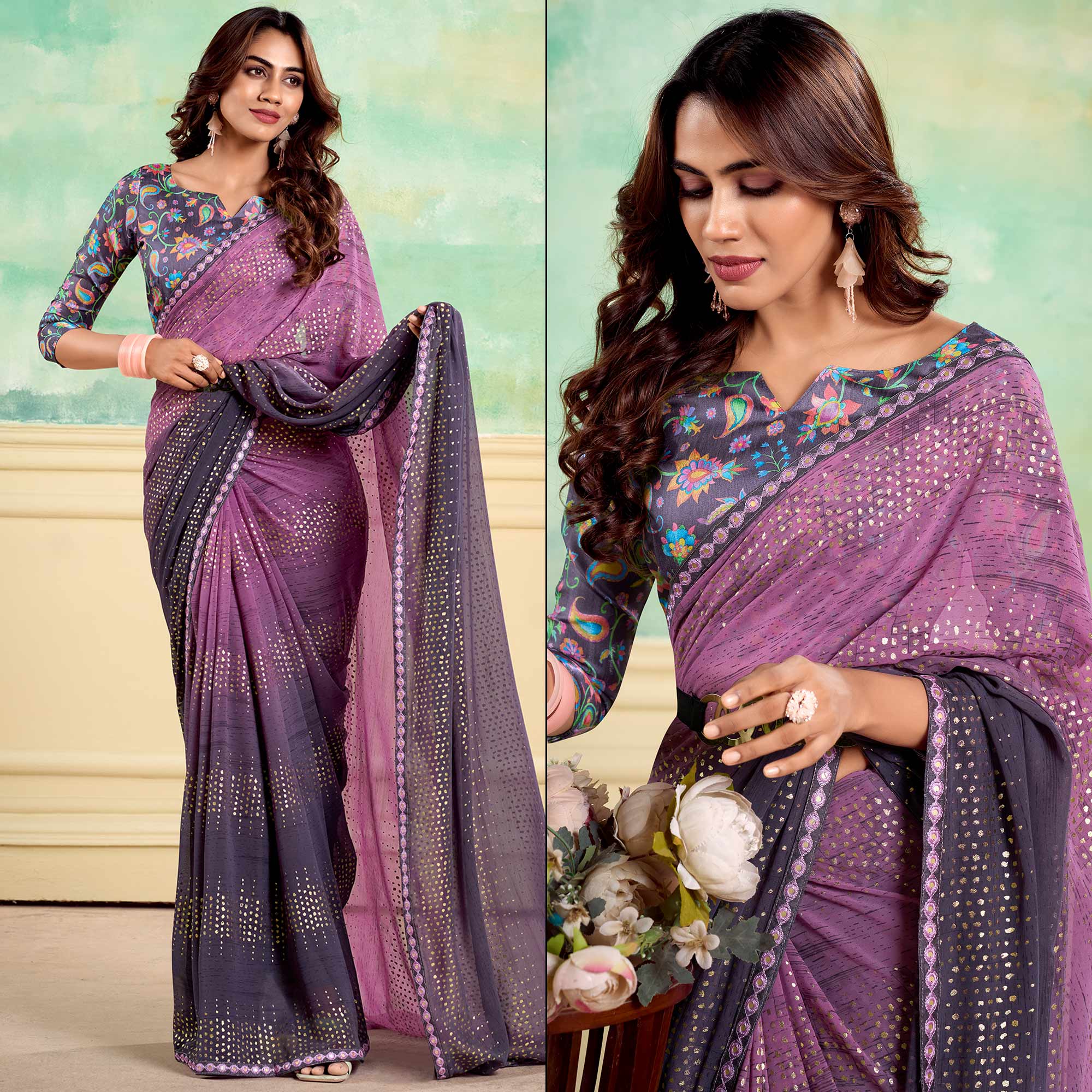 Purple Foil Printed With Sequin Georgette Saree