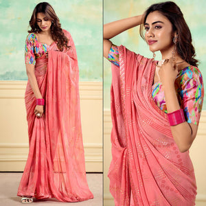 Peach Foil Printed With Sequins Georgette Saree