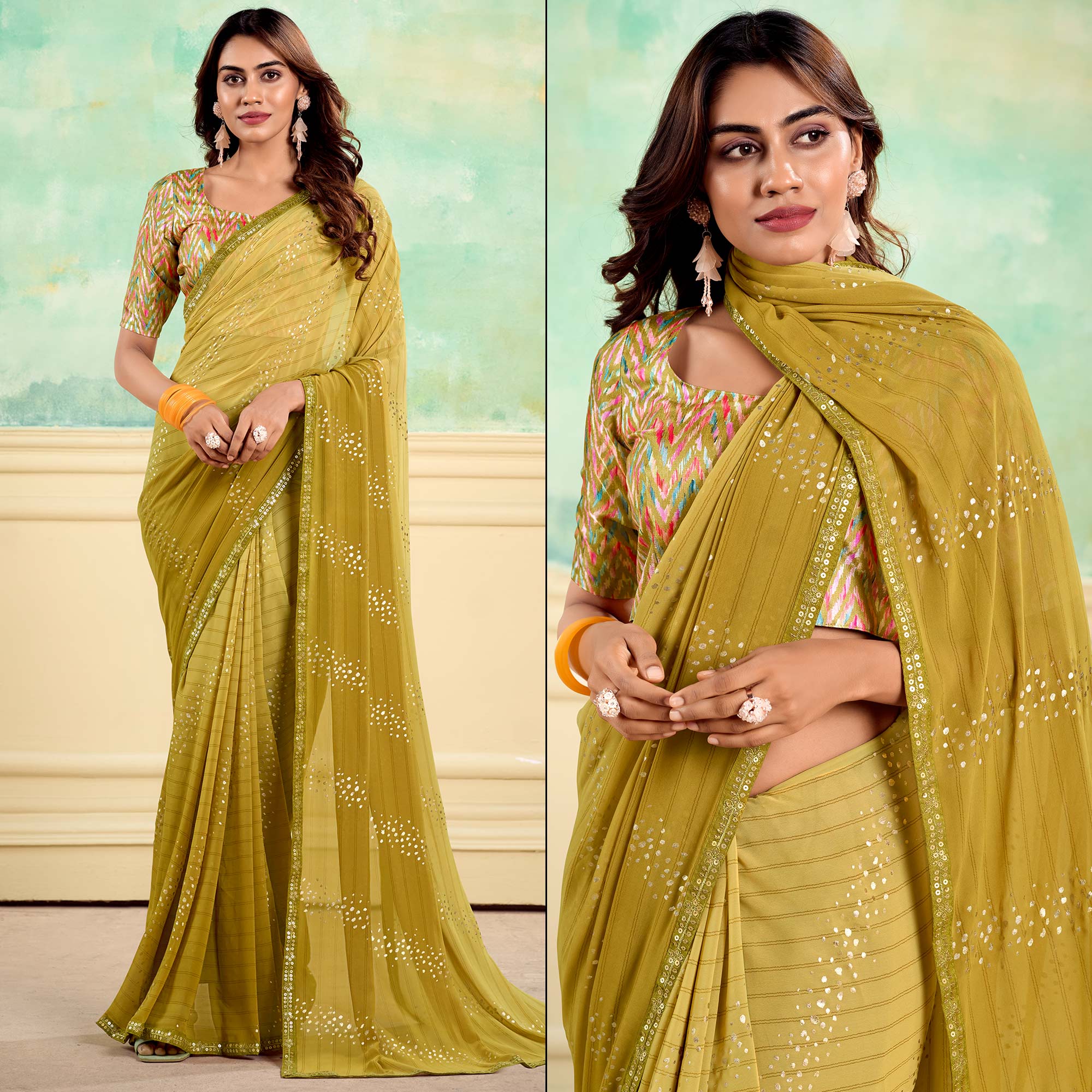 Olive Foil Printed With Sequins Georgette Saree