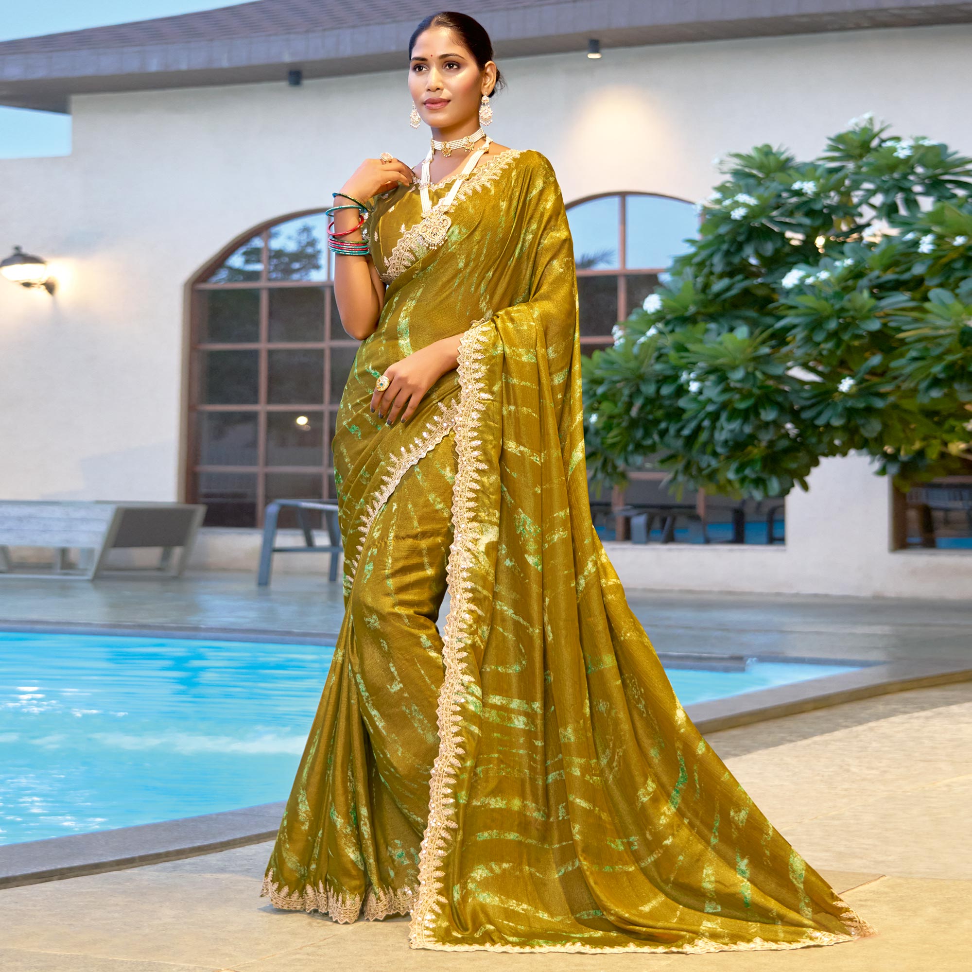 Olive Printed Chiffon Saree With Sequins Border