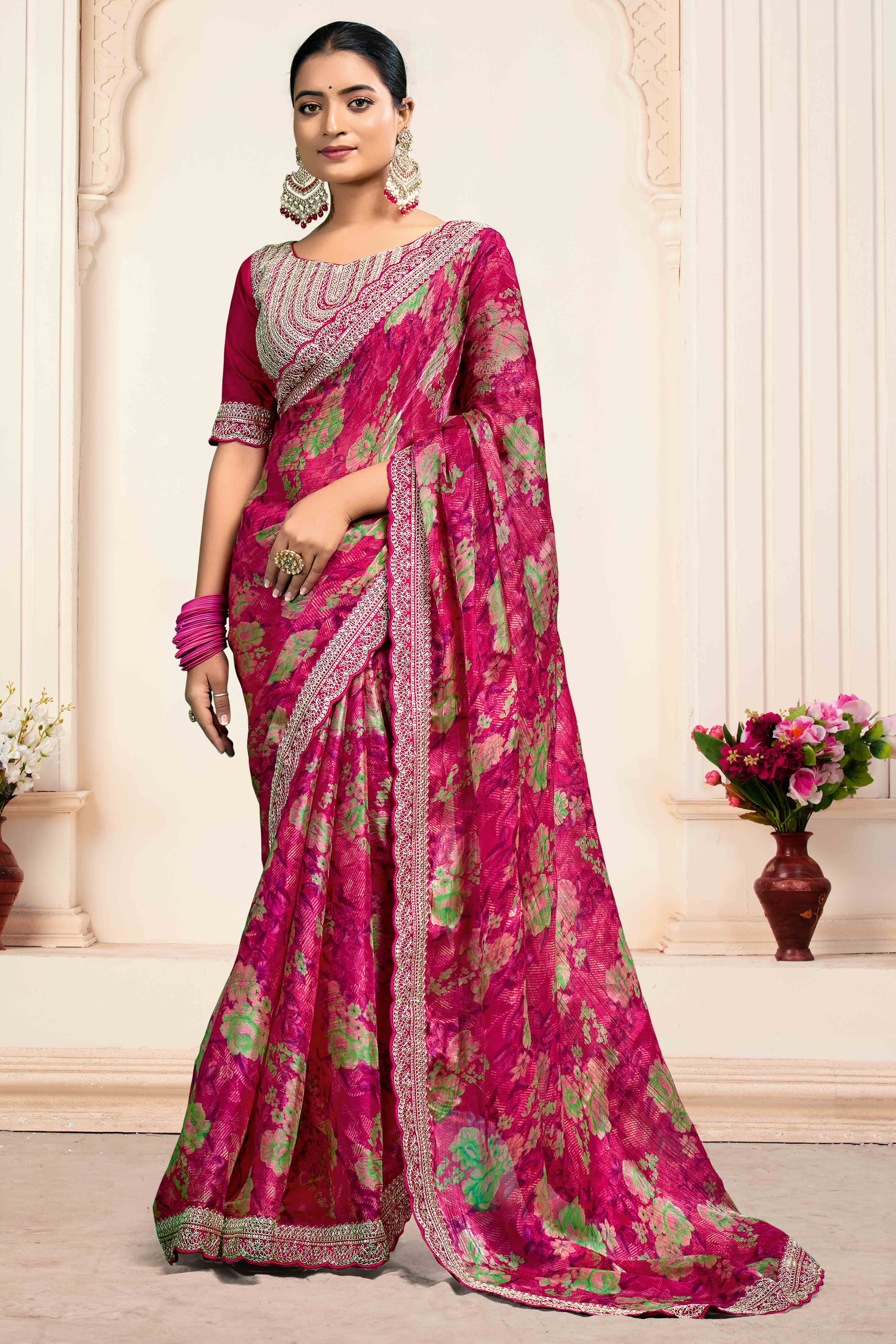 Pink Floral Printed Jimmy Choo Chiffon Saree With Embroidery On Border