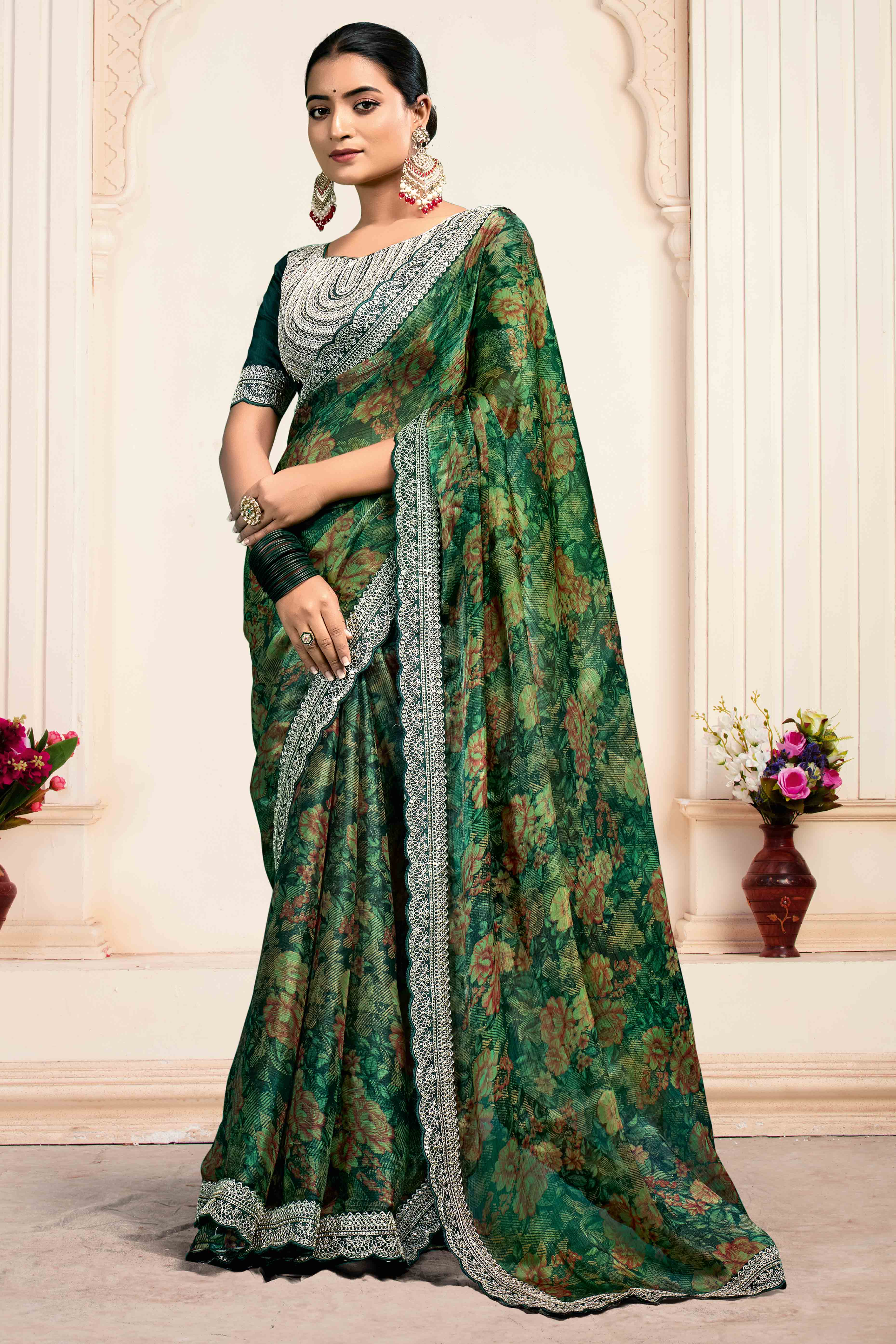 Green Floral Printed Jimmy Choo Chiffon Saree With Embroidery On Border