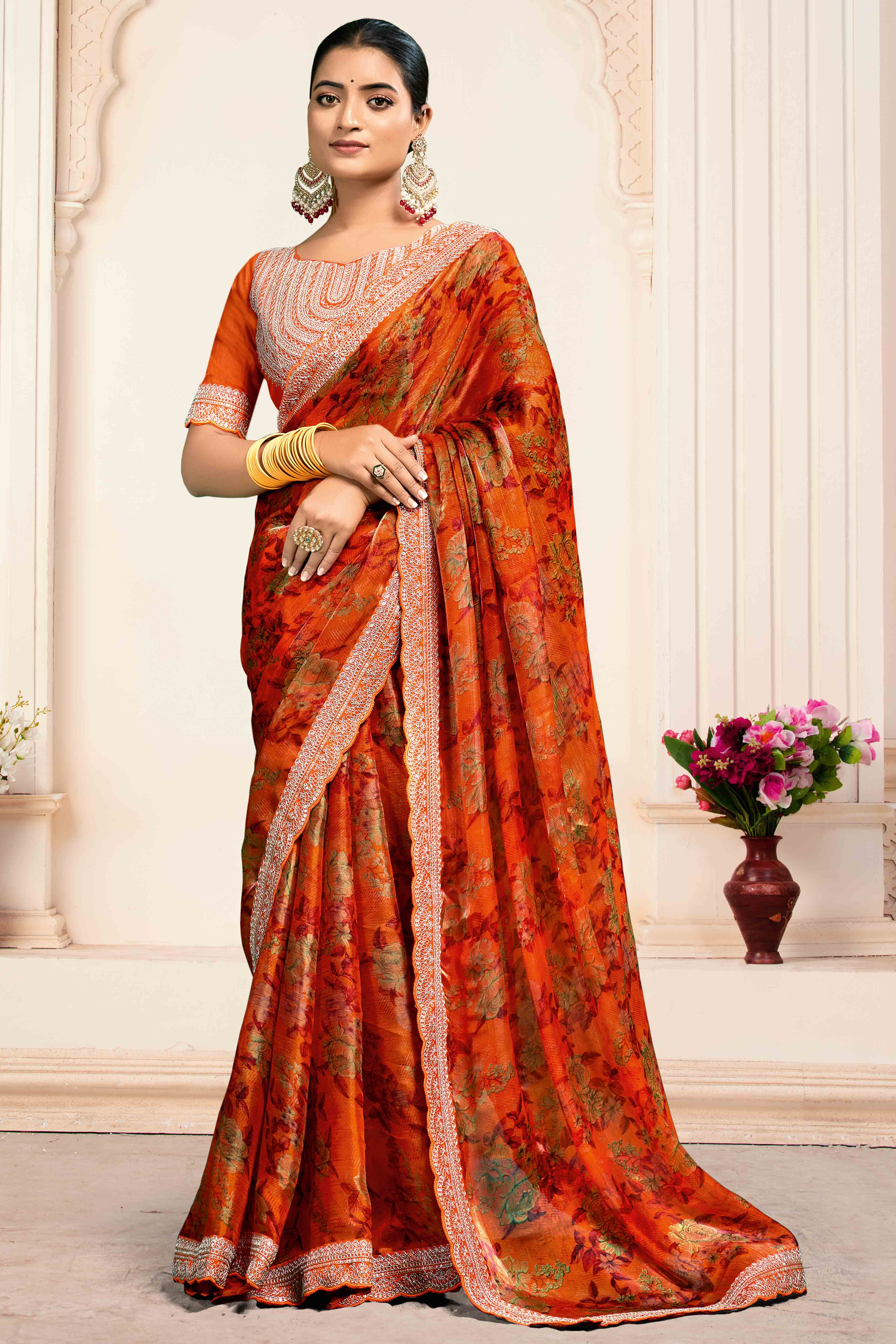 Rust Floral Printed Jimmy Choo Chiffon Saree With Embroidery On Border