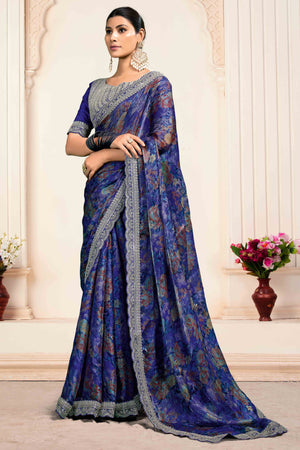 Blue Floral Printed Jimmy Choo Chiffon Saree With Embroidery On Border