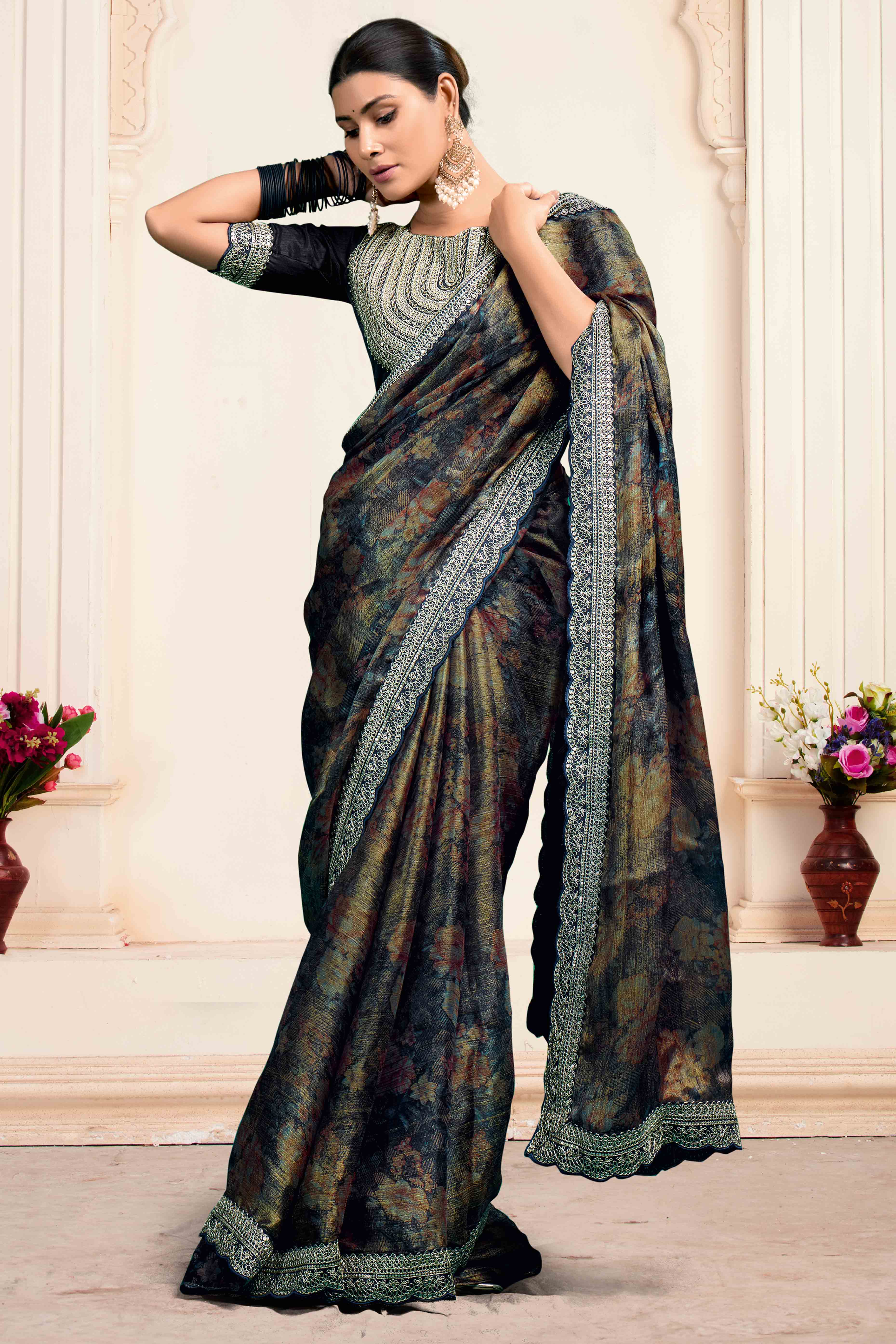 Dark Olive Floral Printed Jimmy Choo Chiffon Saree With Embroidery On Border