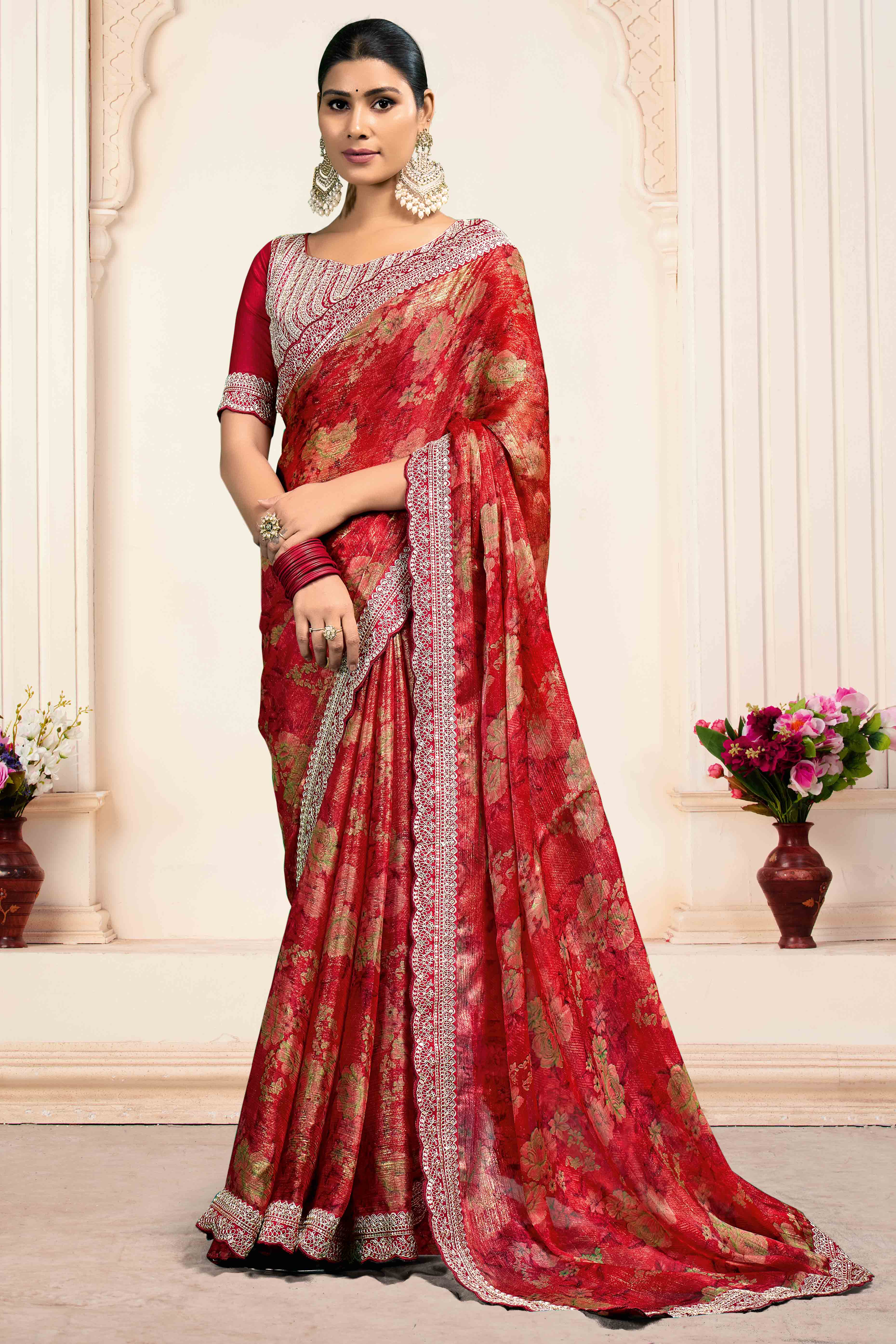 Red Floral Printed Jimmy Choo Chiffon Saree With Embroidery On Border