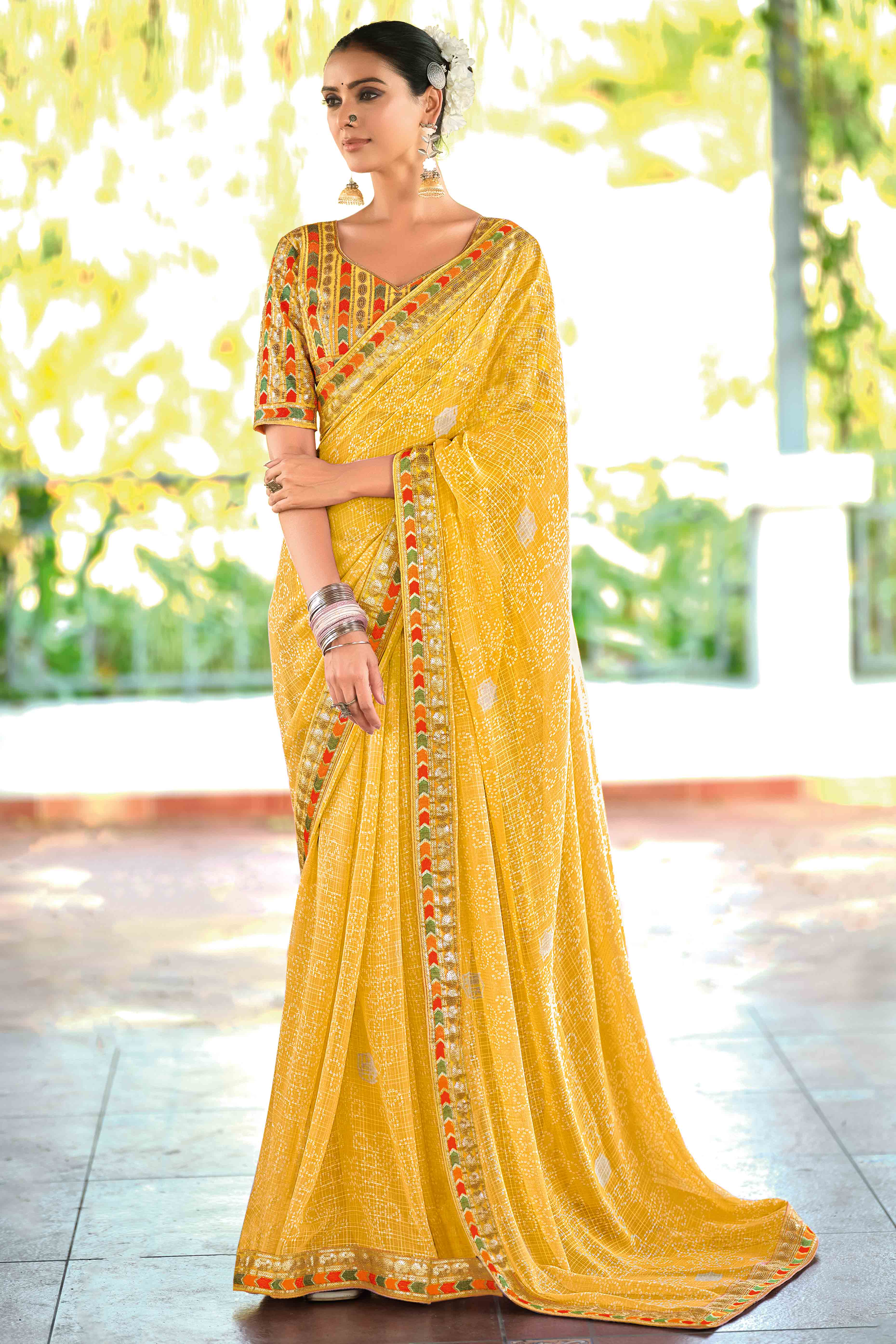 Yellow Bandhani Printed Georgette Saree With Glittering Sequin Embroidered Border