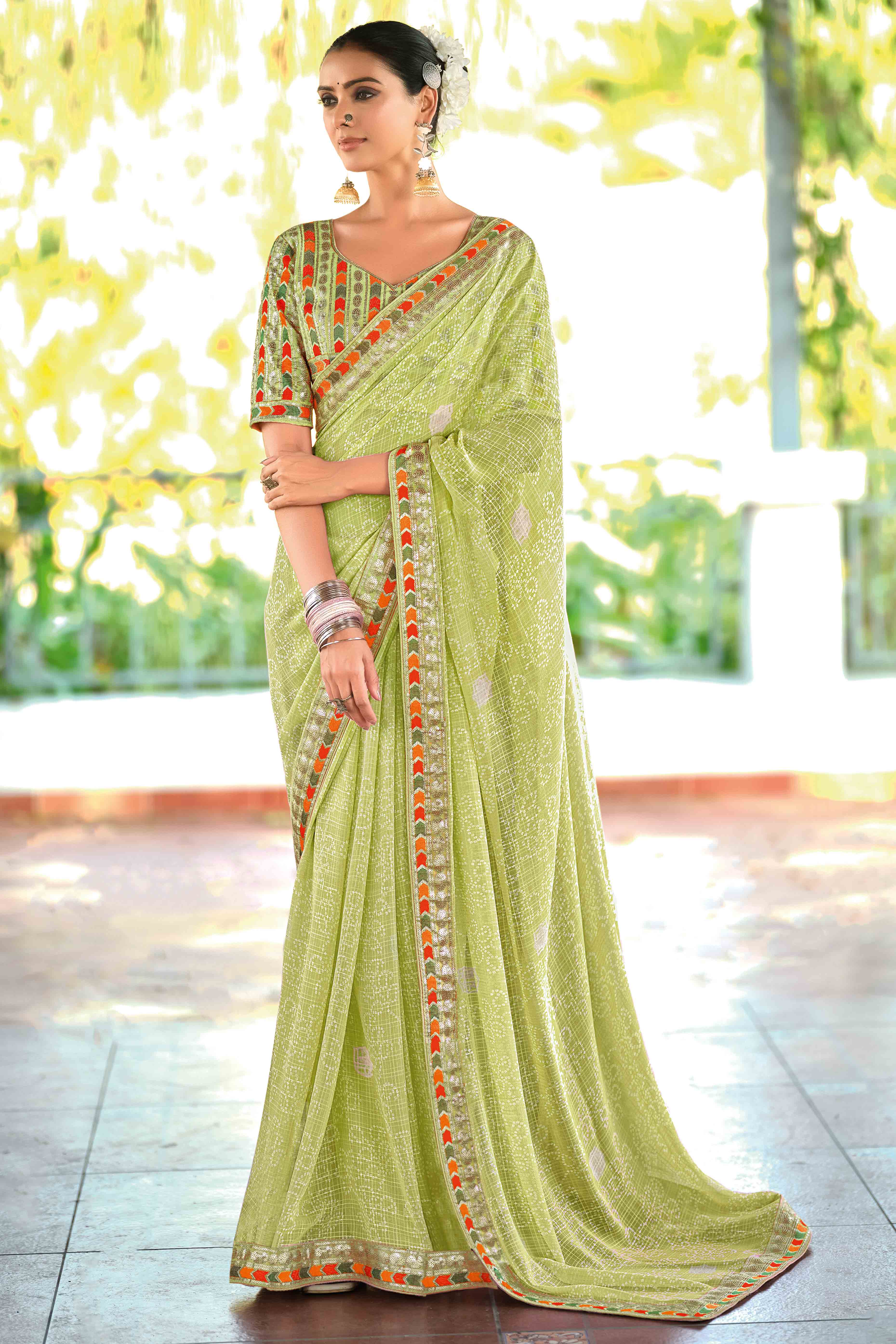 Green Bandhani Printed Georgette Saree With Glittering Sequin Embroidered Border