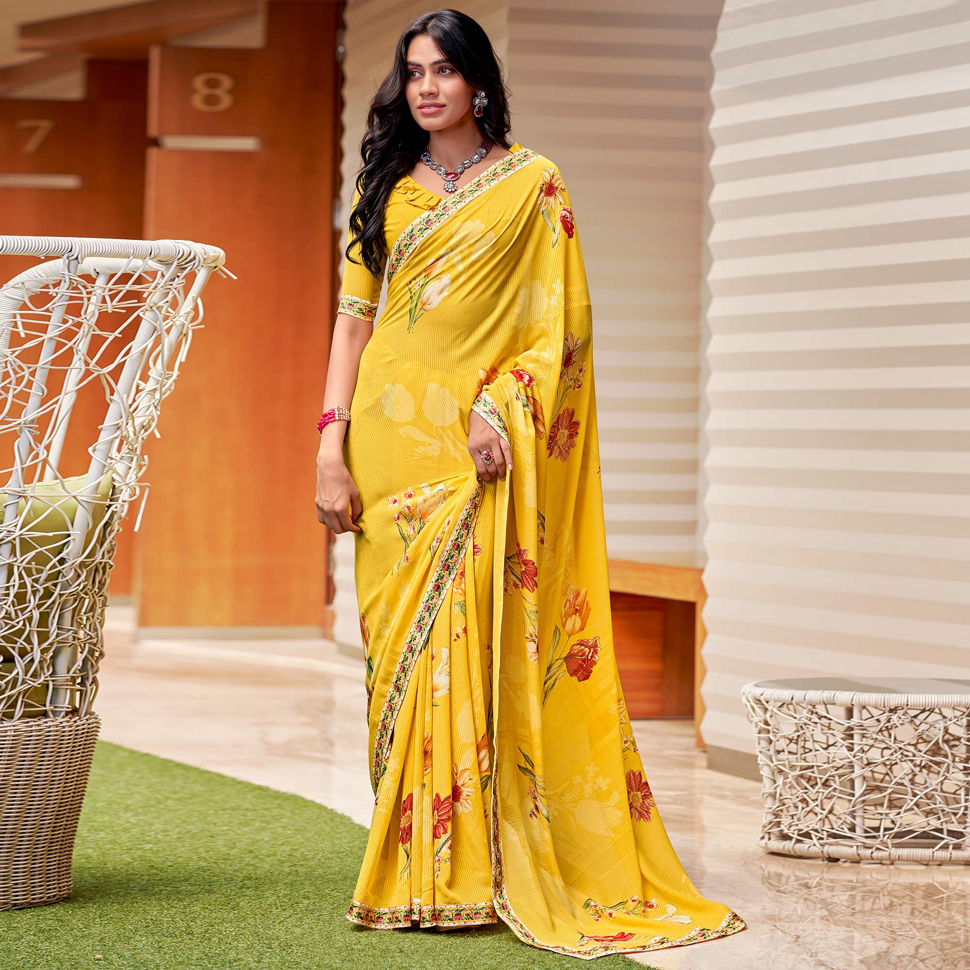 Yellow Floral Printed Georgette Saree with Digital Border