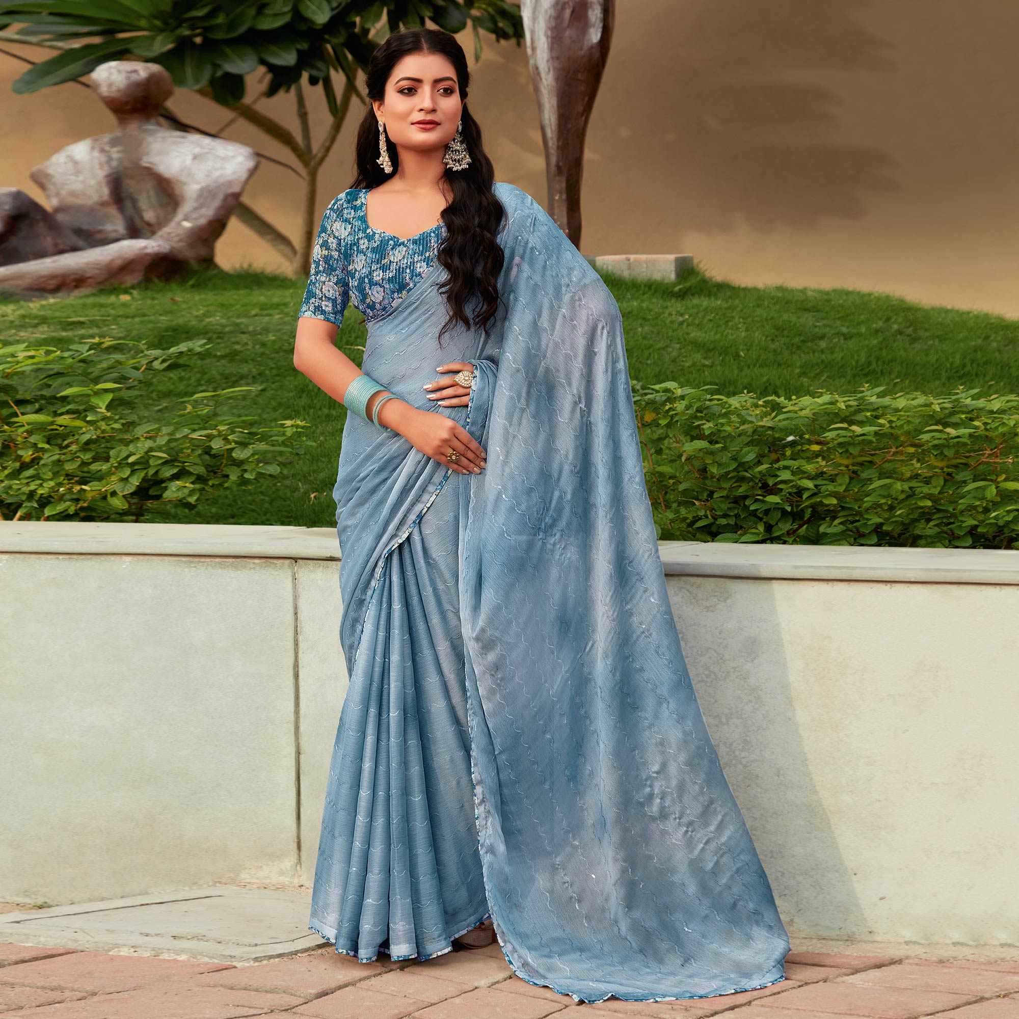 Bluish Grey Sequins Embroidered Chiffon Saree