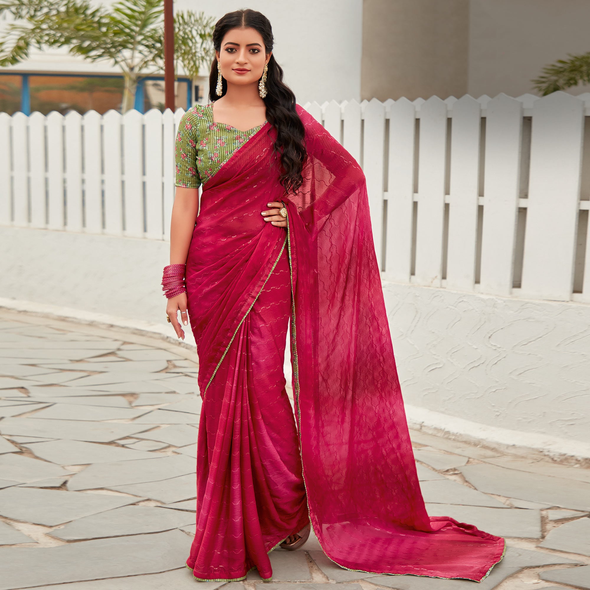 Pink Sequins Embroidered Chiffon Saree