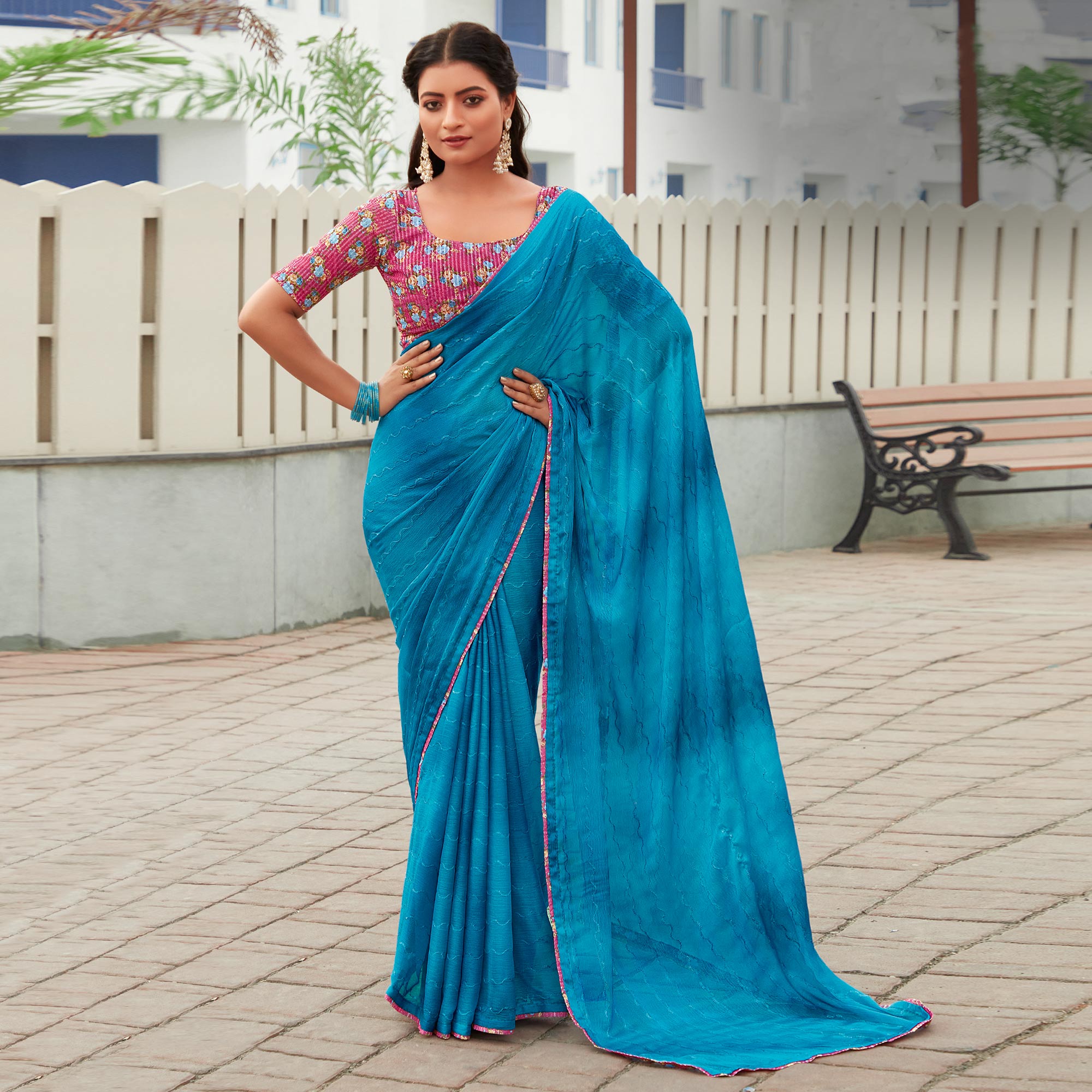 Blue Sequins Embroidered Chiffon Saree