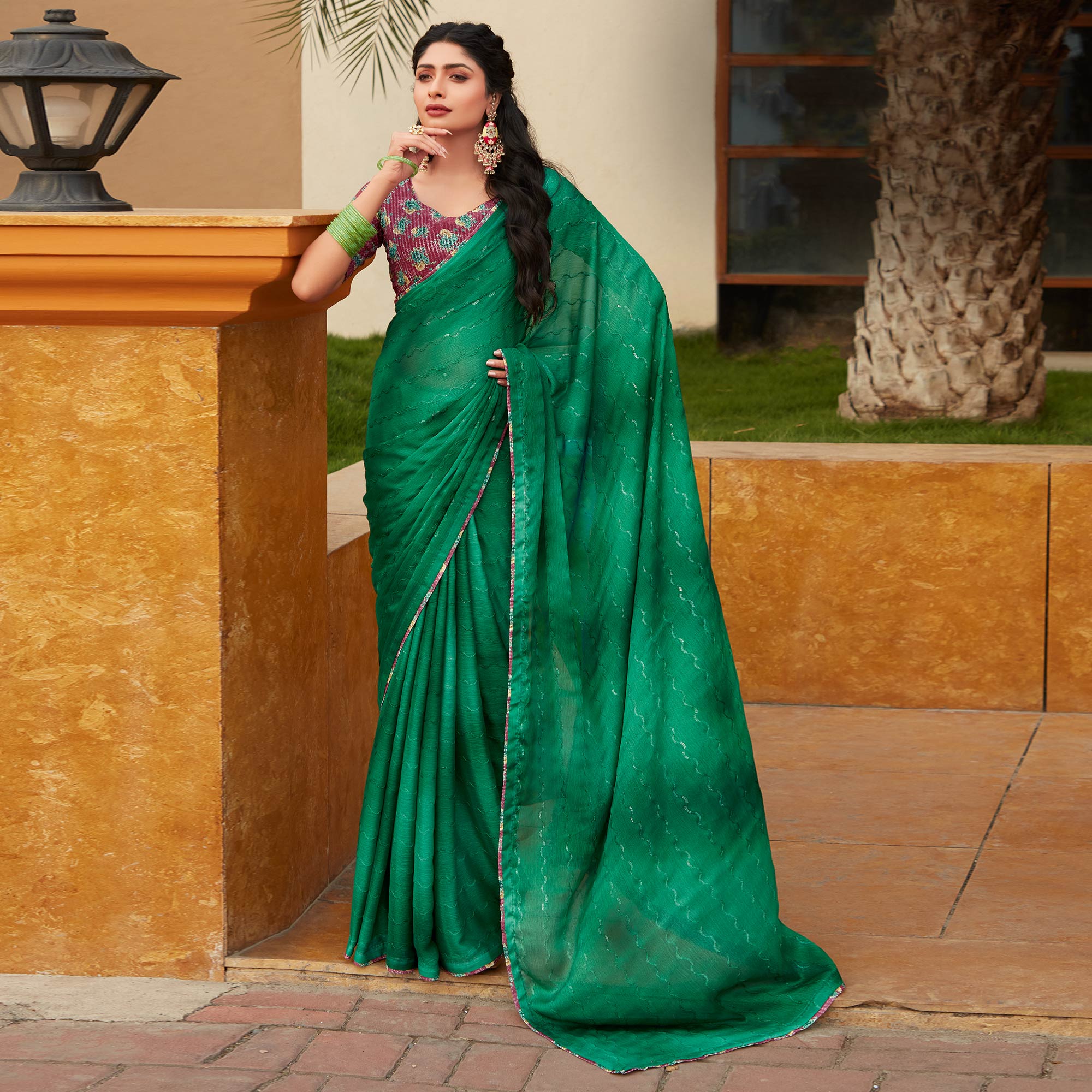 Green Sequins Embroidered Chiffon Saree