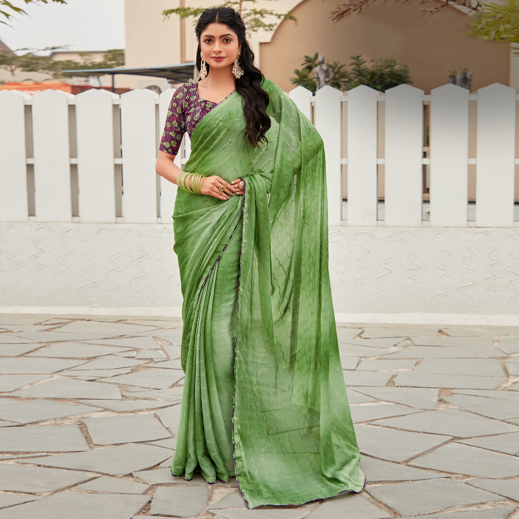 Green Sequins Embroidered Chiffon Saree