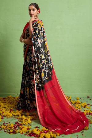 Traditional Black Silk Blend Saree with Ikkat Print & Zari Edging