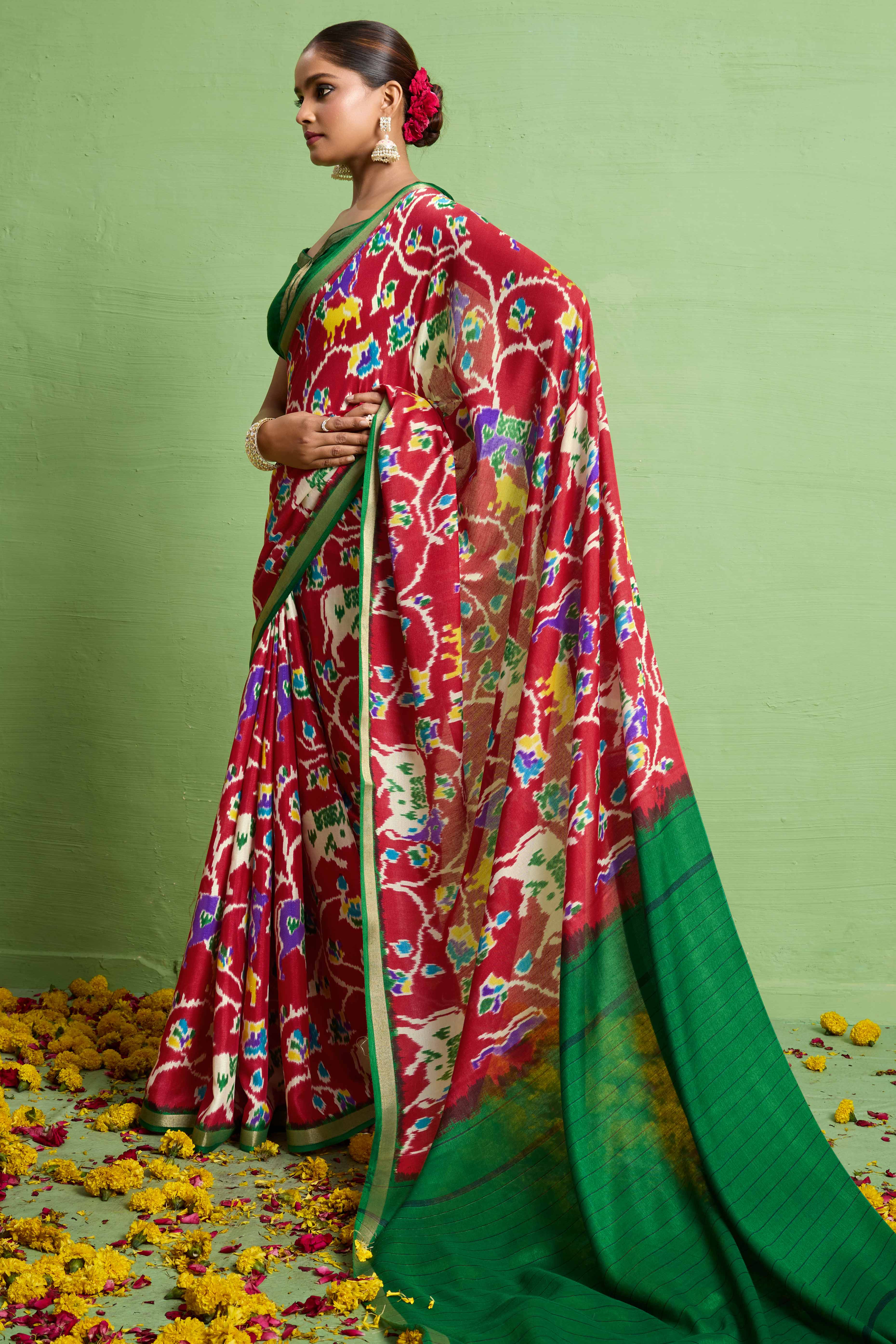 Traditional Red Silk Blend Saree with Ikkat Print & Zari Edging