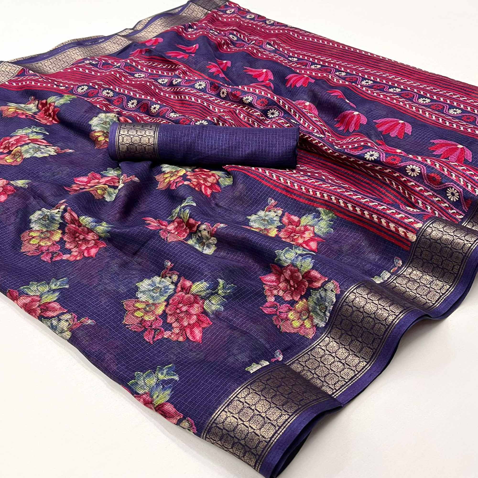 Purple Floral Printed Cotton Silk Saree