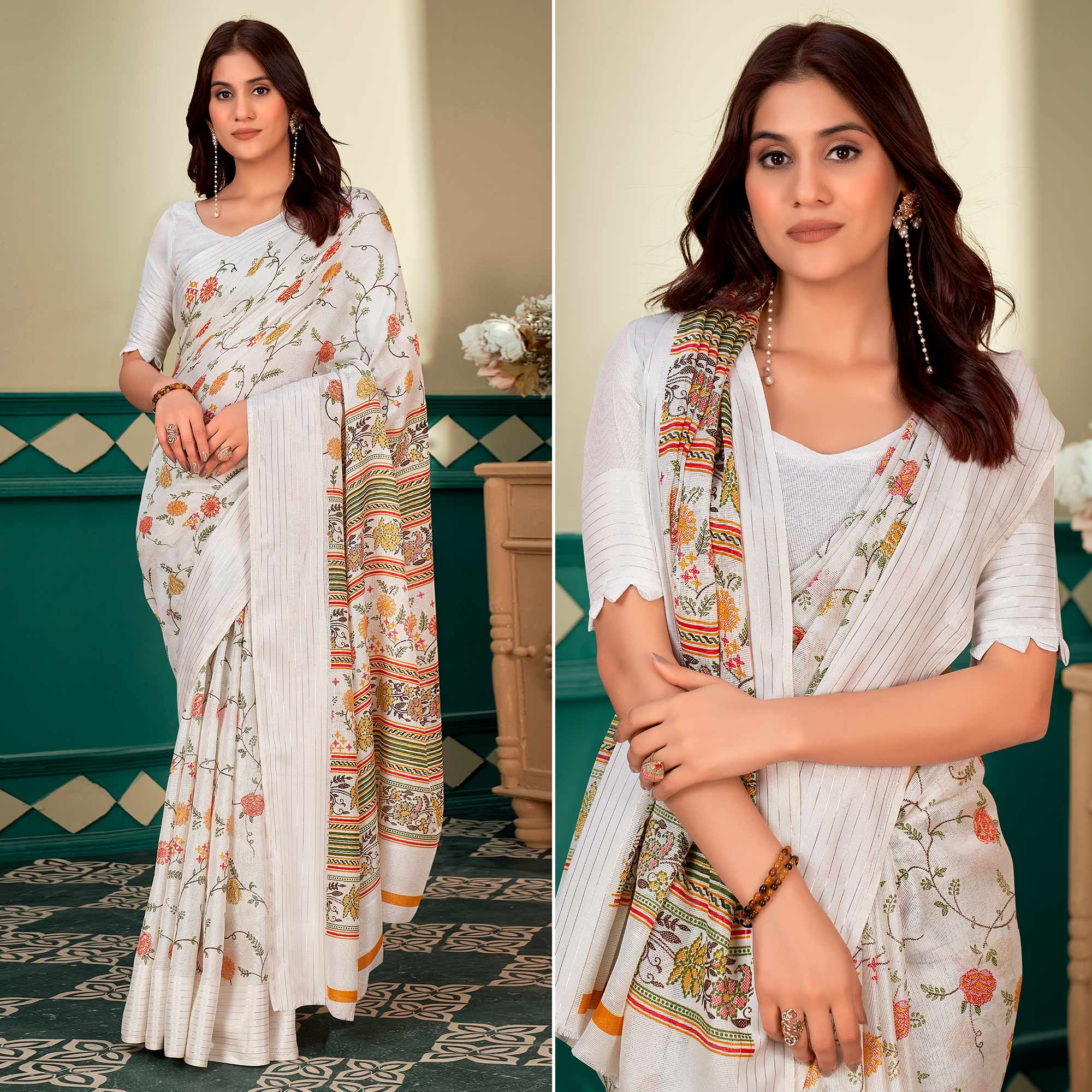 White Floral Printed Linen Saree