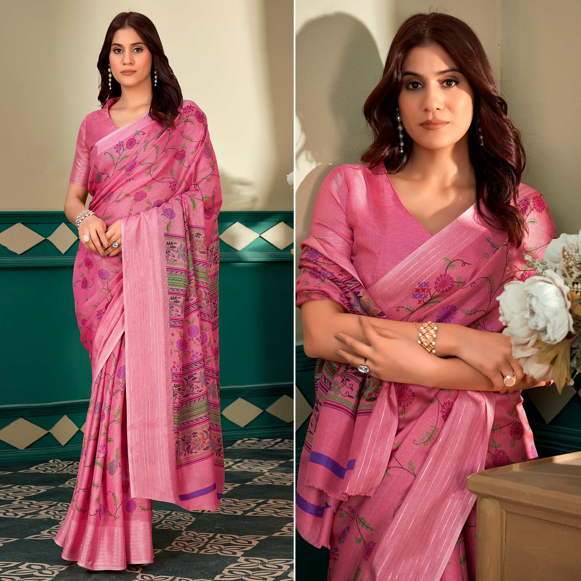 Pink Floral Printed Linen Saree