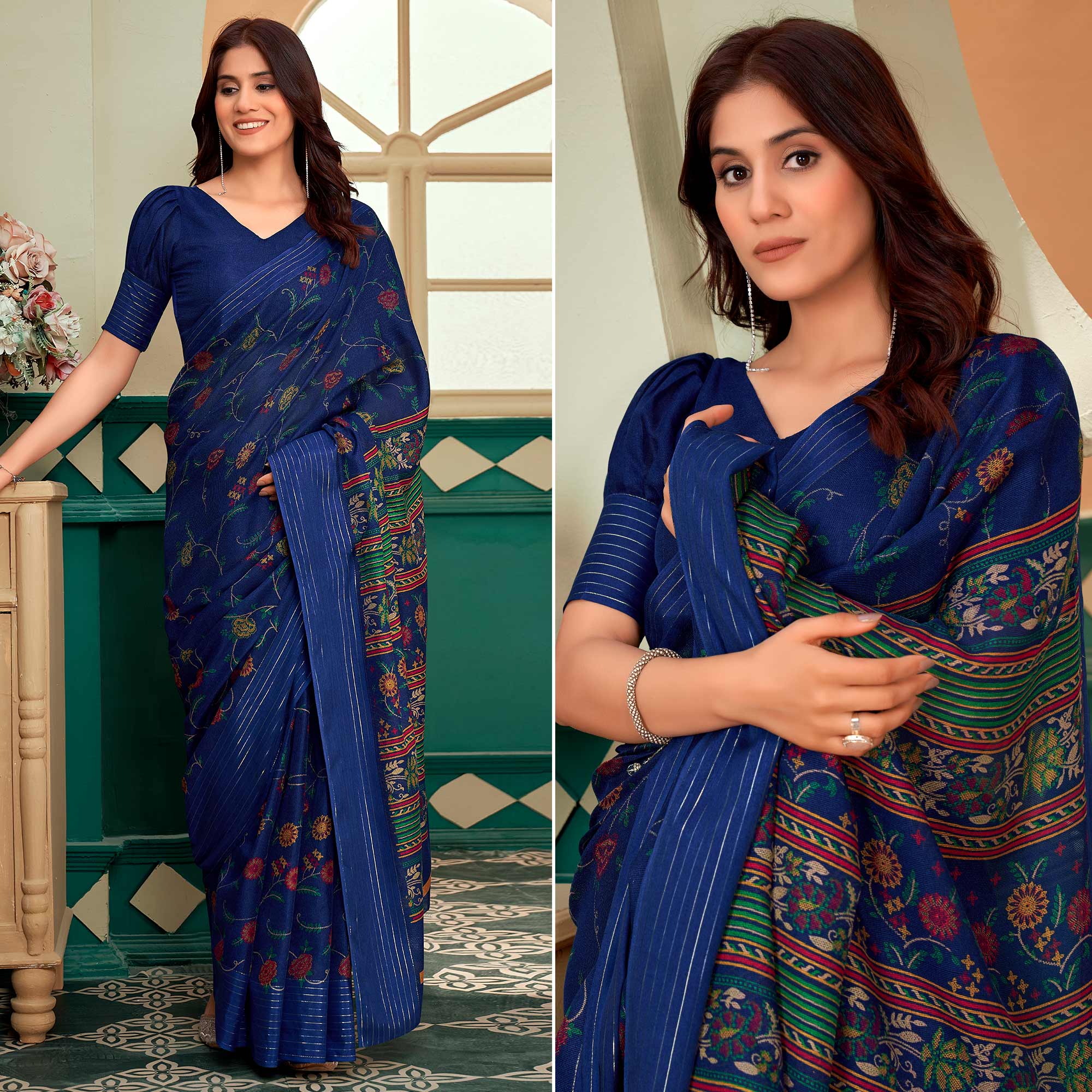 Navy Blue Floral Printed Linen Saree