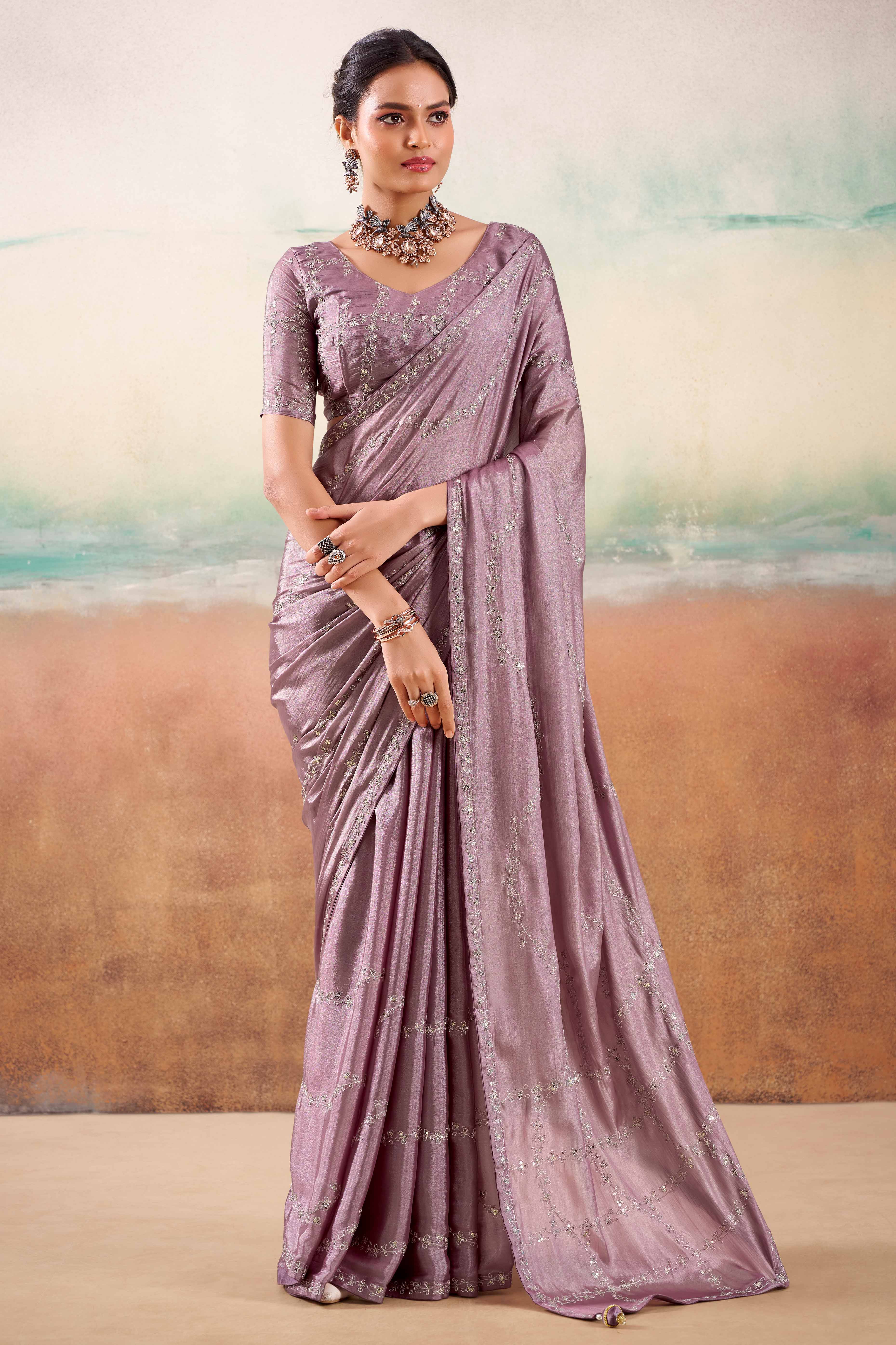 Dusty Purple Two Tone Chiffon Saree Adorned With Floral Cording Embroidery & Sequins Work