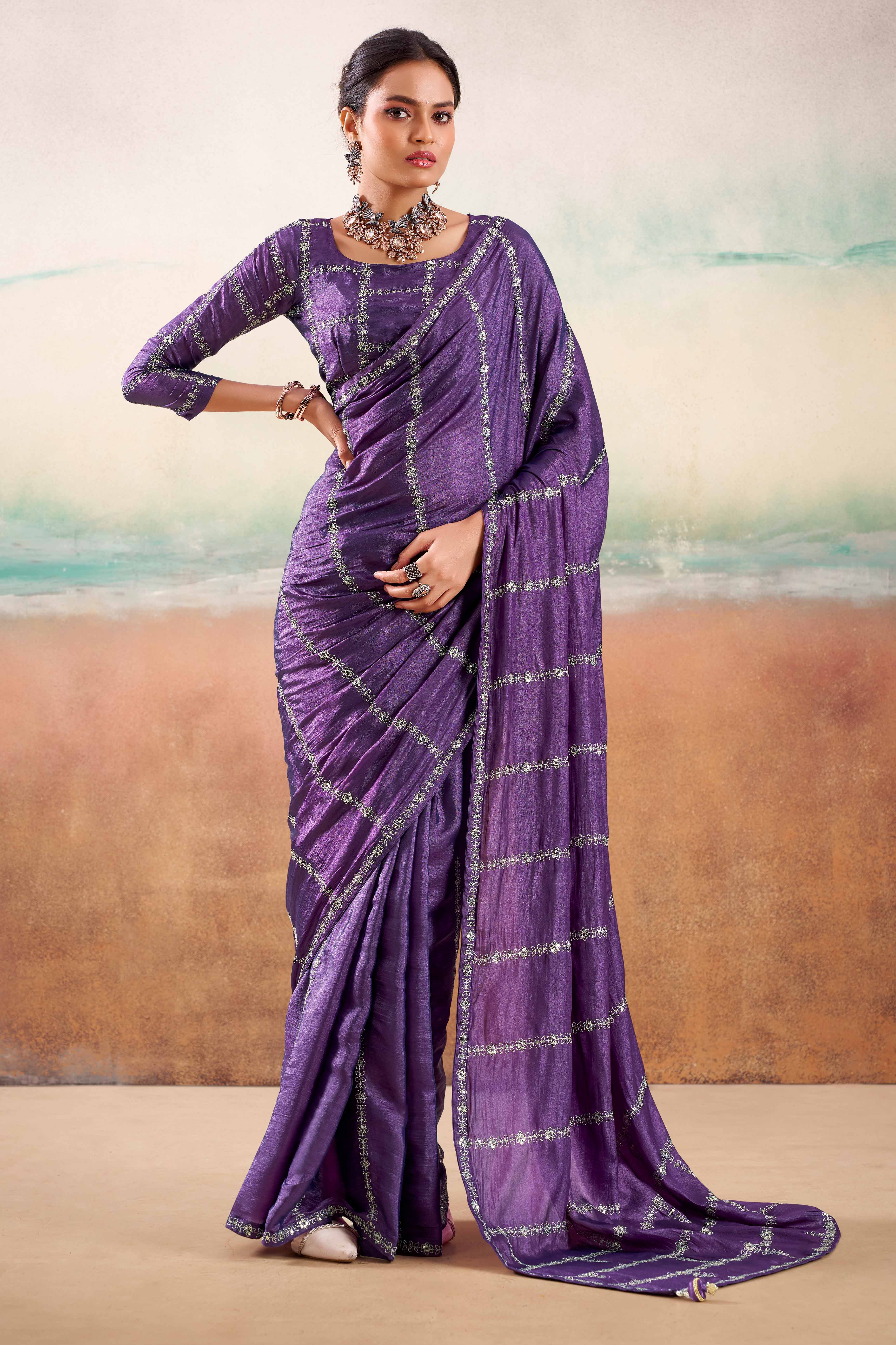 Royal Purple Two Tone Chiffon Saree Adorned With Floral Cording Embroidery & Sequins Work