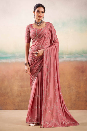 Dusty Pink Two Tone Chiffon Saree Adorned With Floral Cording Embroidery & Sequins Work