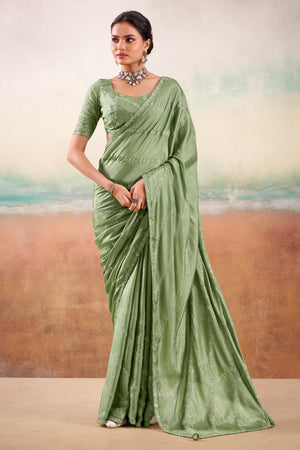 Green Two Tone Chiffon Saree Adorned With Floral Cording Embroidery & Sequins Work