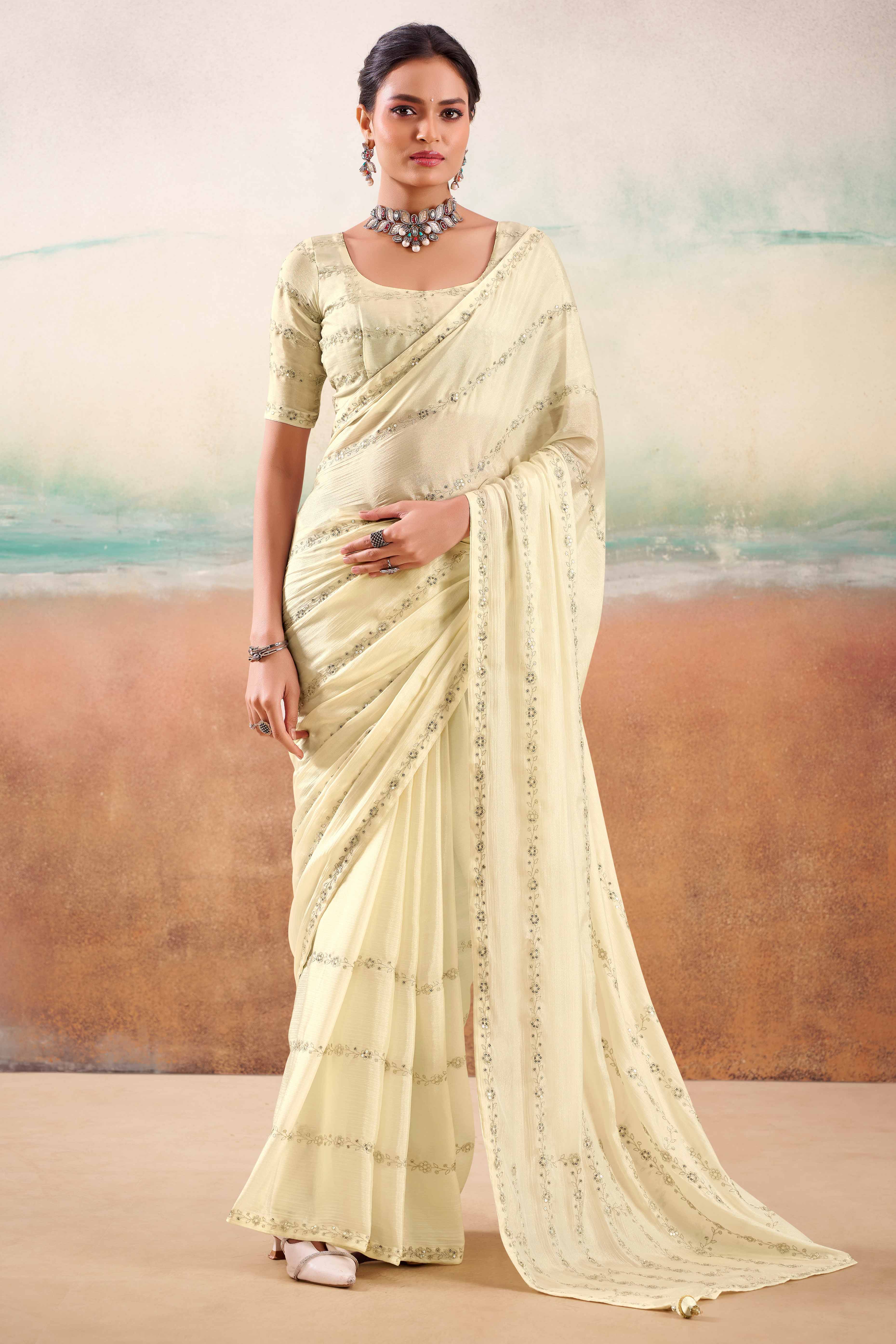 Offwhite Two Tone Chiffon Saree Adorned With Floral Cording Embroidery & Sequins Work