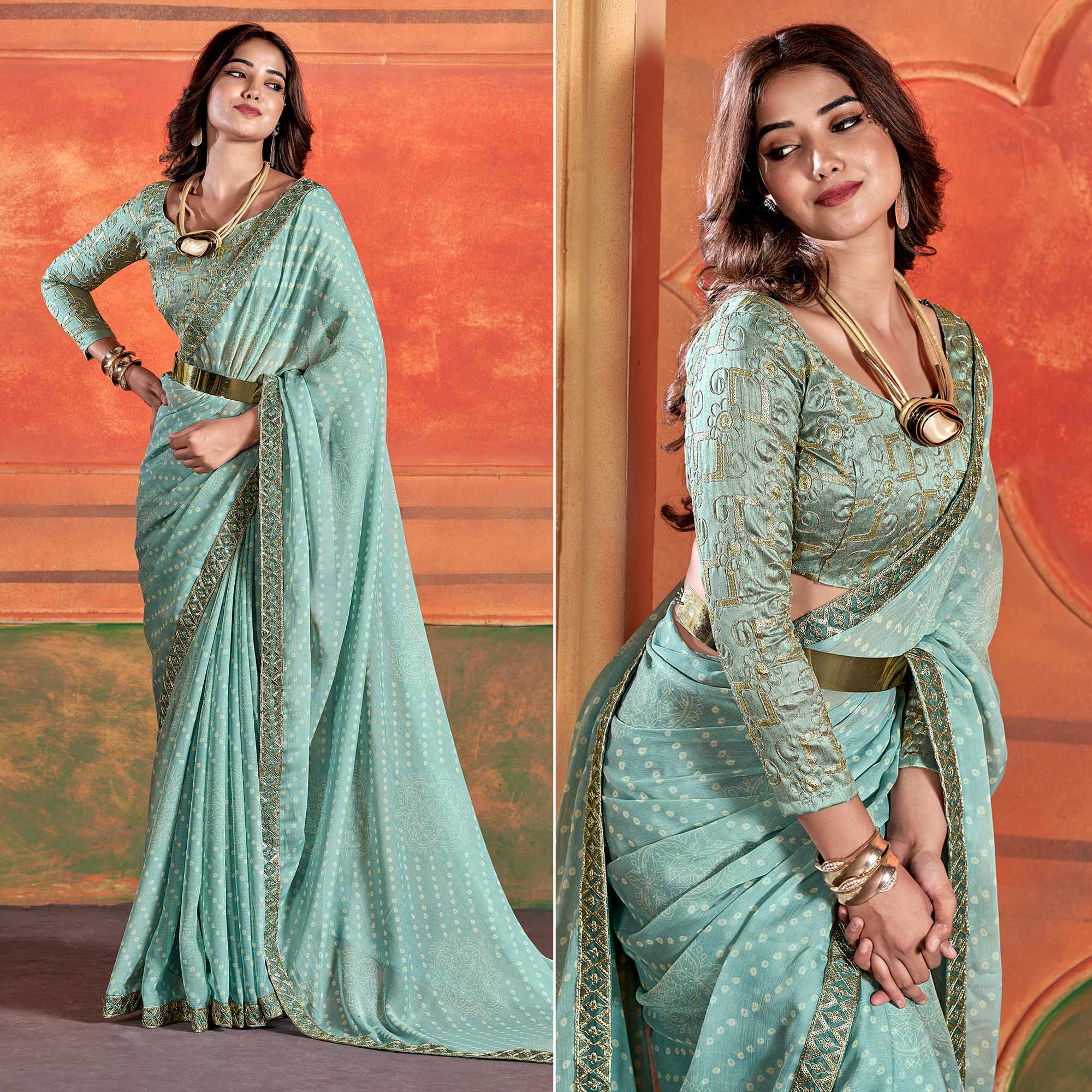 Blue Bandhani Printed Chiffon Saree With Embroidered Border