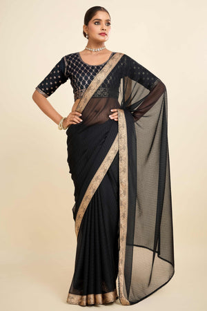 Black Printed Chiffon Saree with Intricate Woven Edging