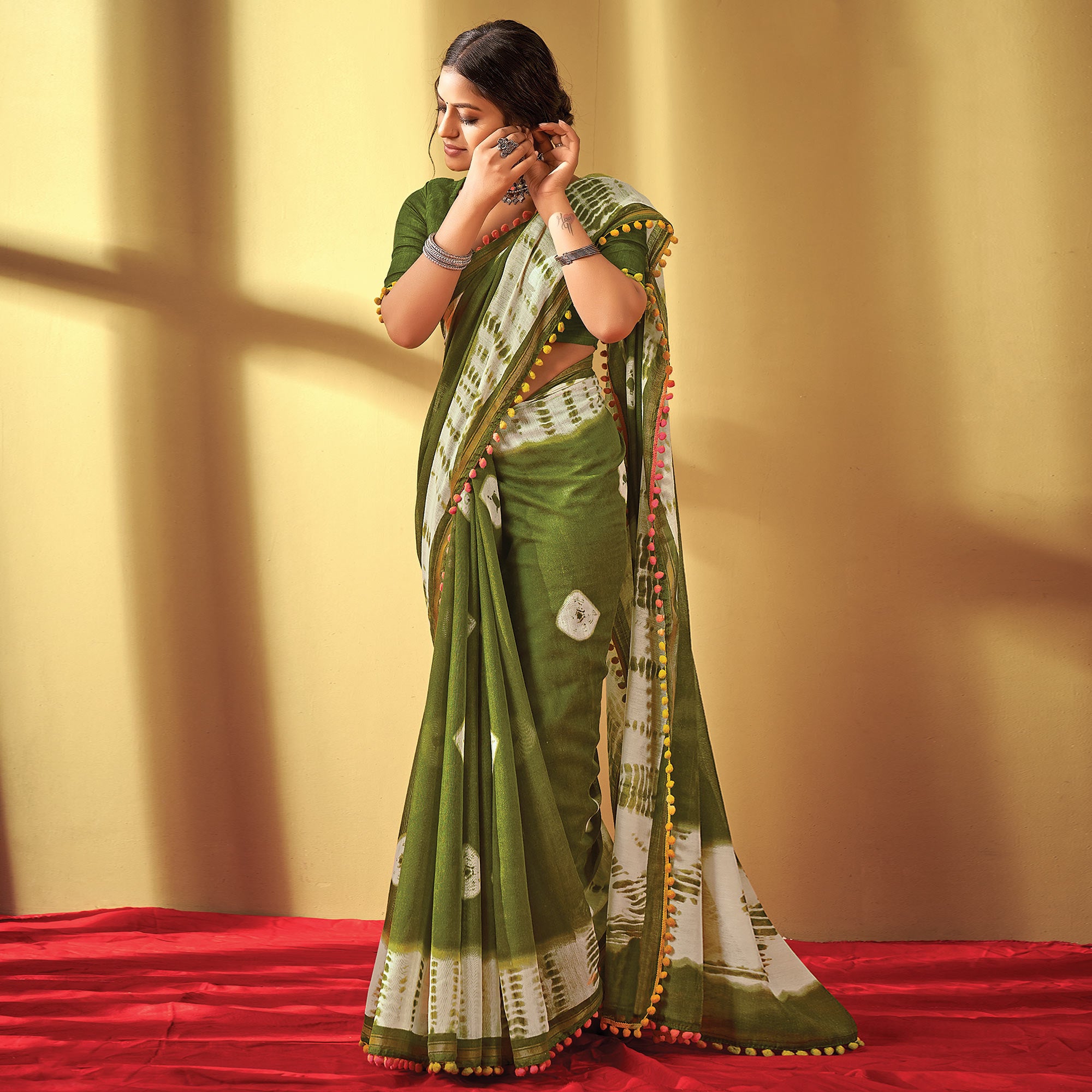 Green & White Printed Pure Cotton Saree