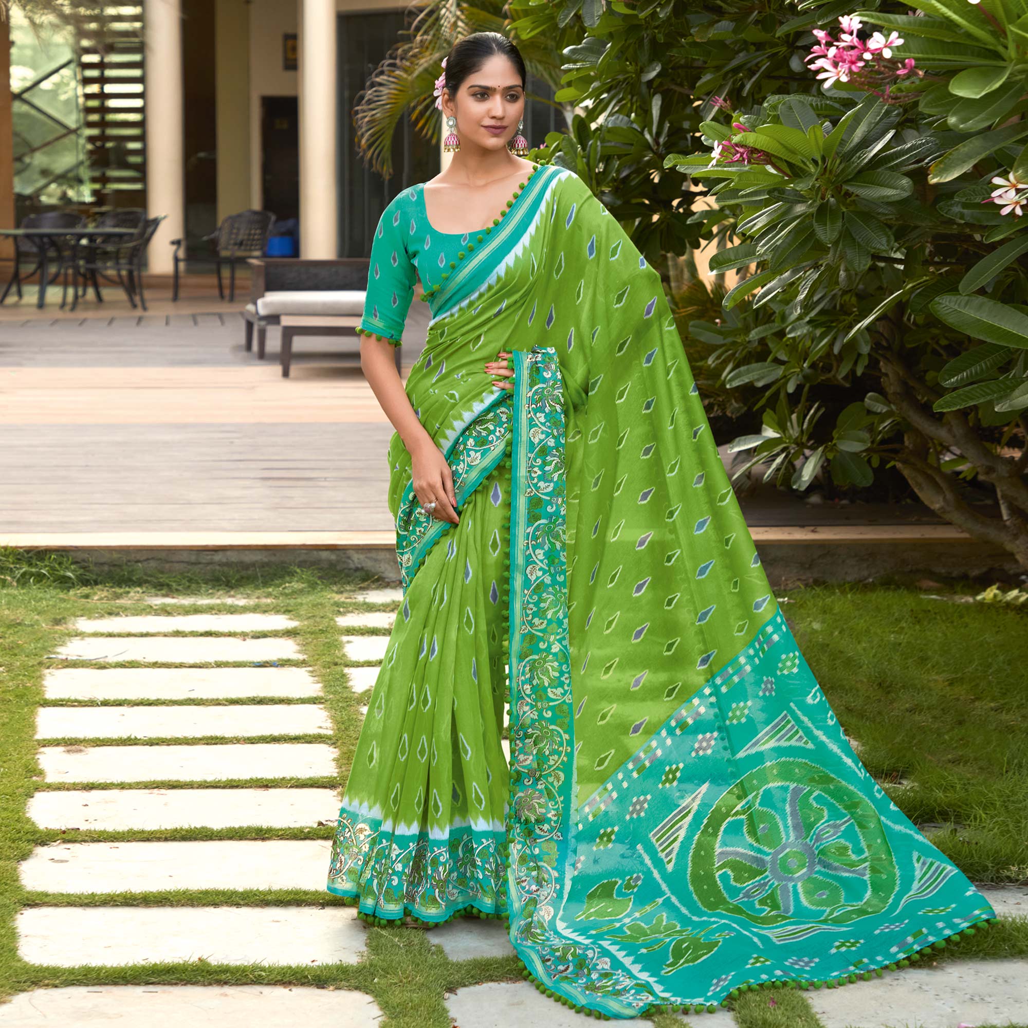 Green Printed Pure Cotton Saree With Pum Pum Border