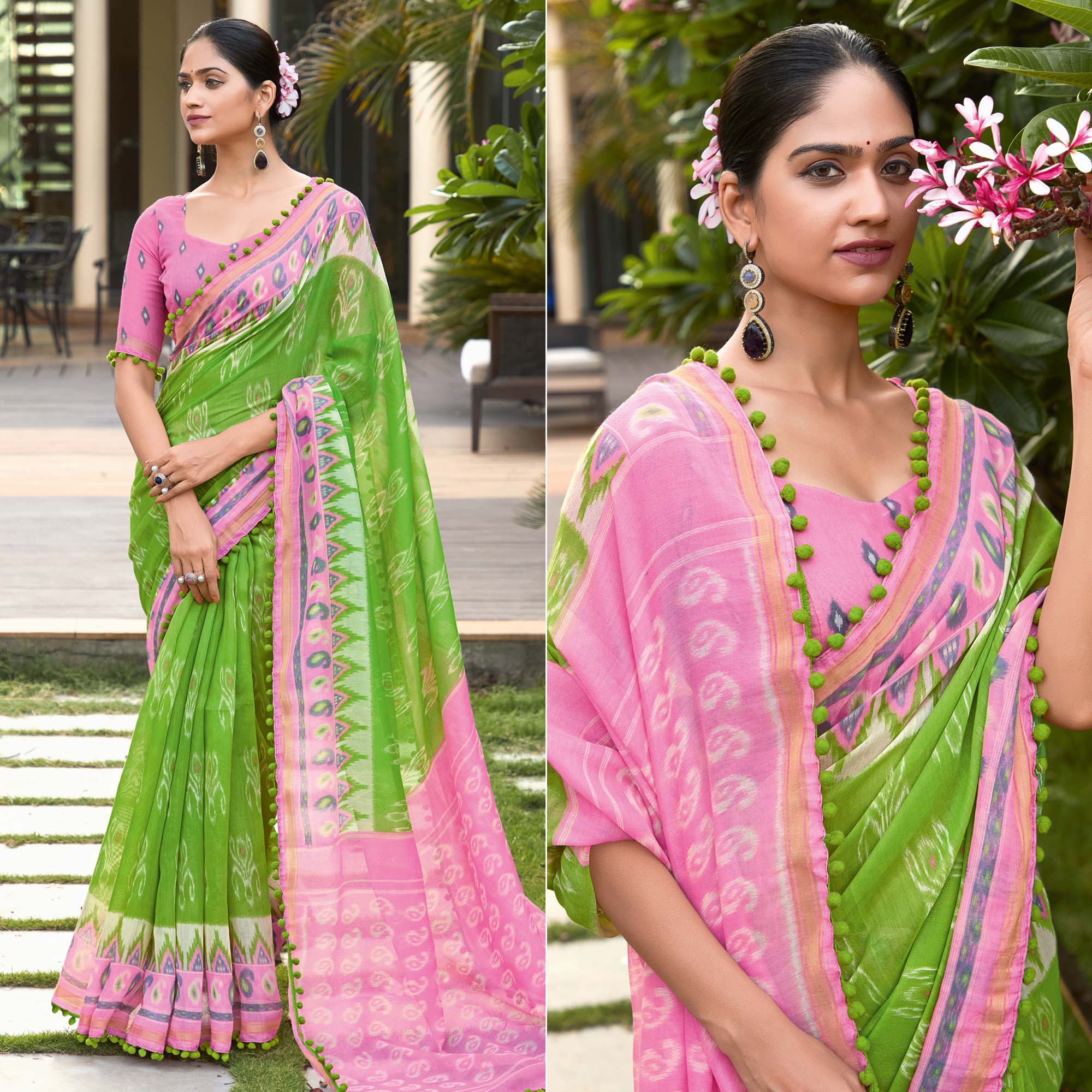 Green & Pink Printed Pure Cotton Saree With Pum Pum Border
