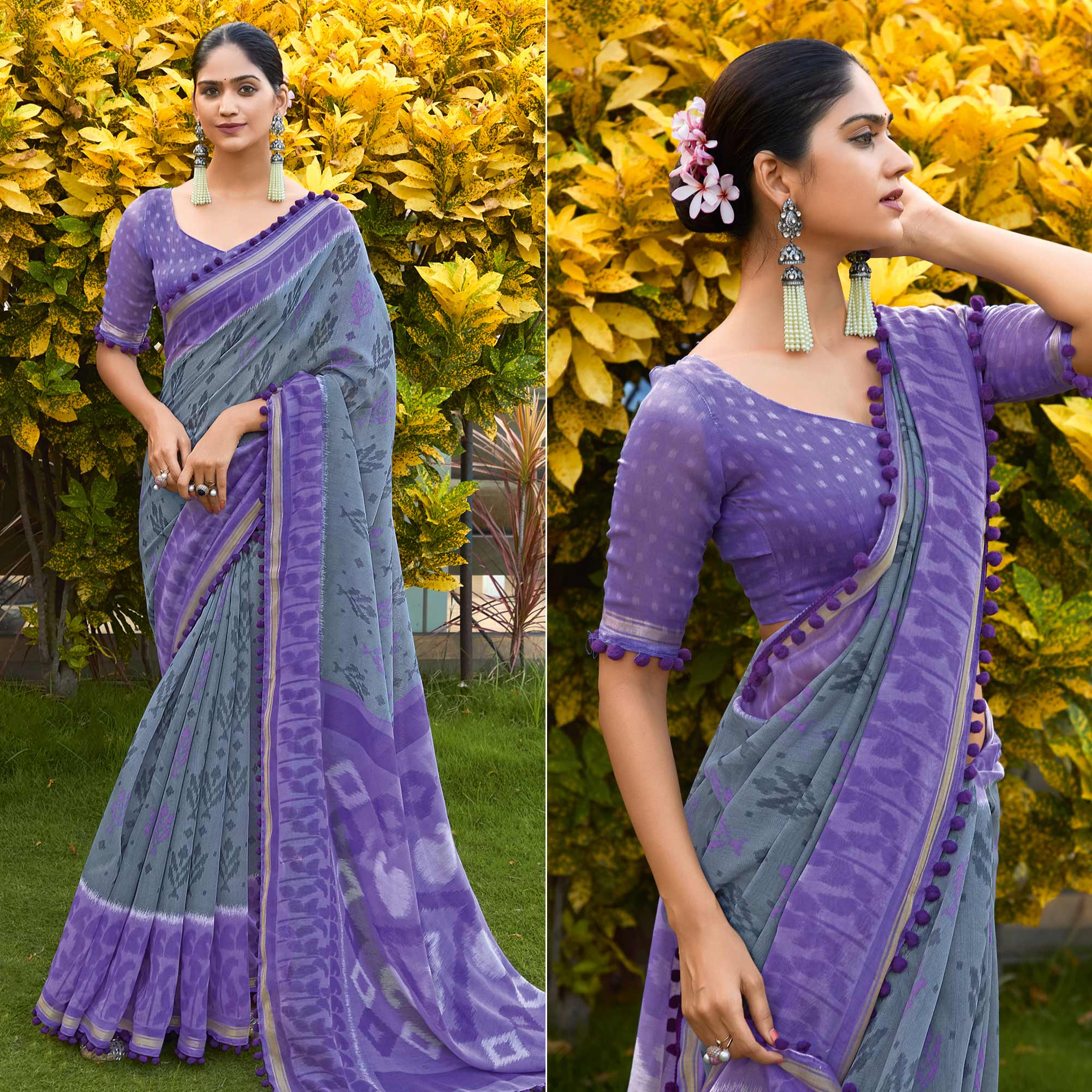 Grey & Purple Printed Pure Cotton Saree With Pum Pum Border