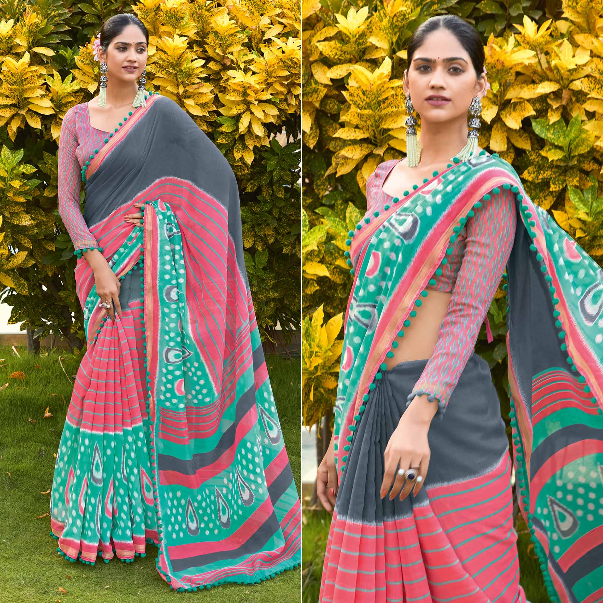 Multicolor Printed Pure Cotton Saree With Pum Pum Border