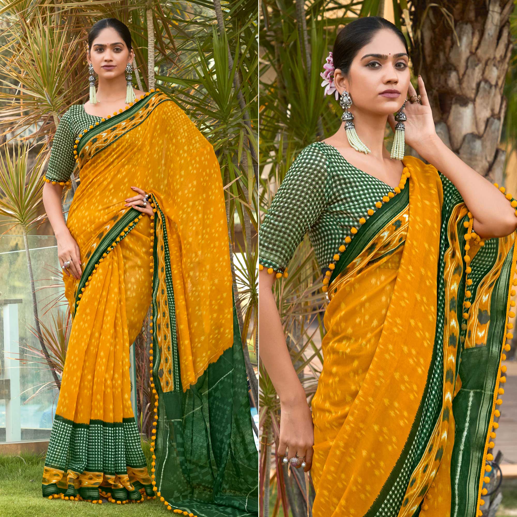 Mustard Printed Pure Cotton Saree With Pum Pum Border