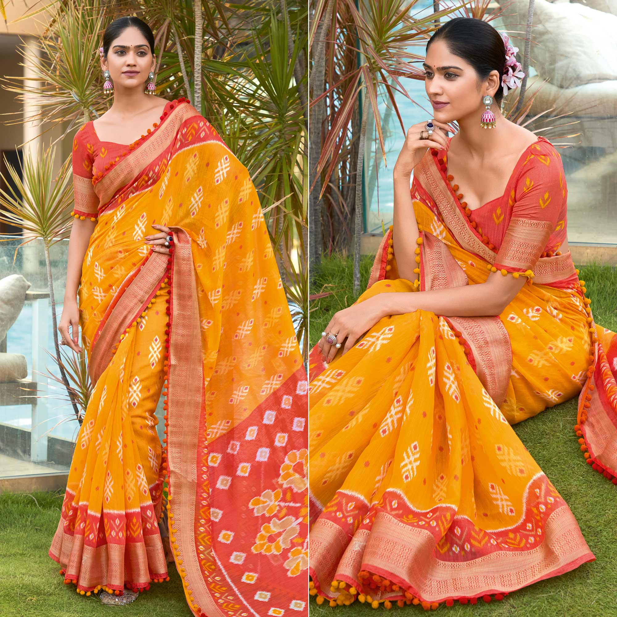 Orange Printed Pure Cotton Saree With Pum Pum Border