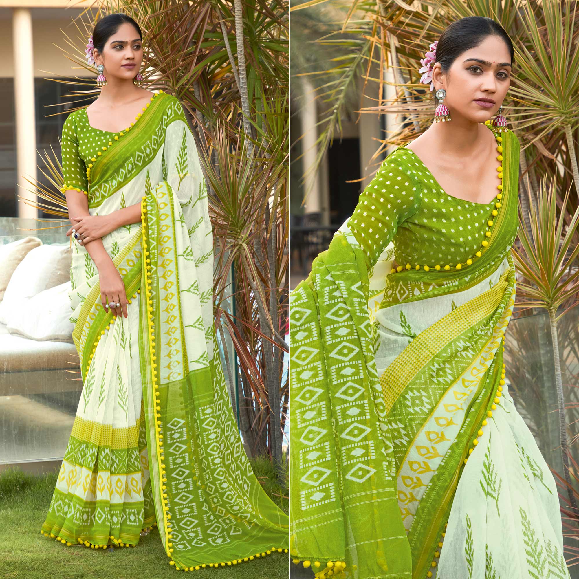 Off White Printed Pure Cotton Saree With Pum Pum Border