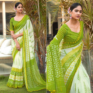 Off White Printed Pure Cotton Saree With Pum Pum Border