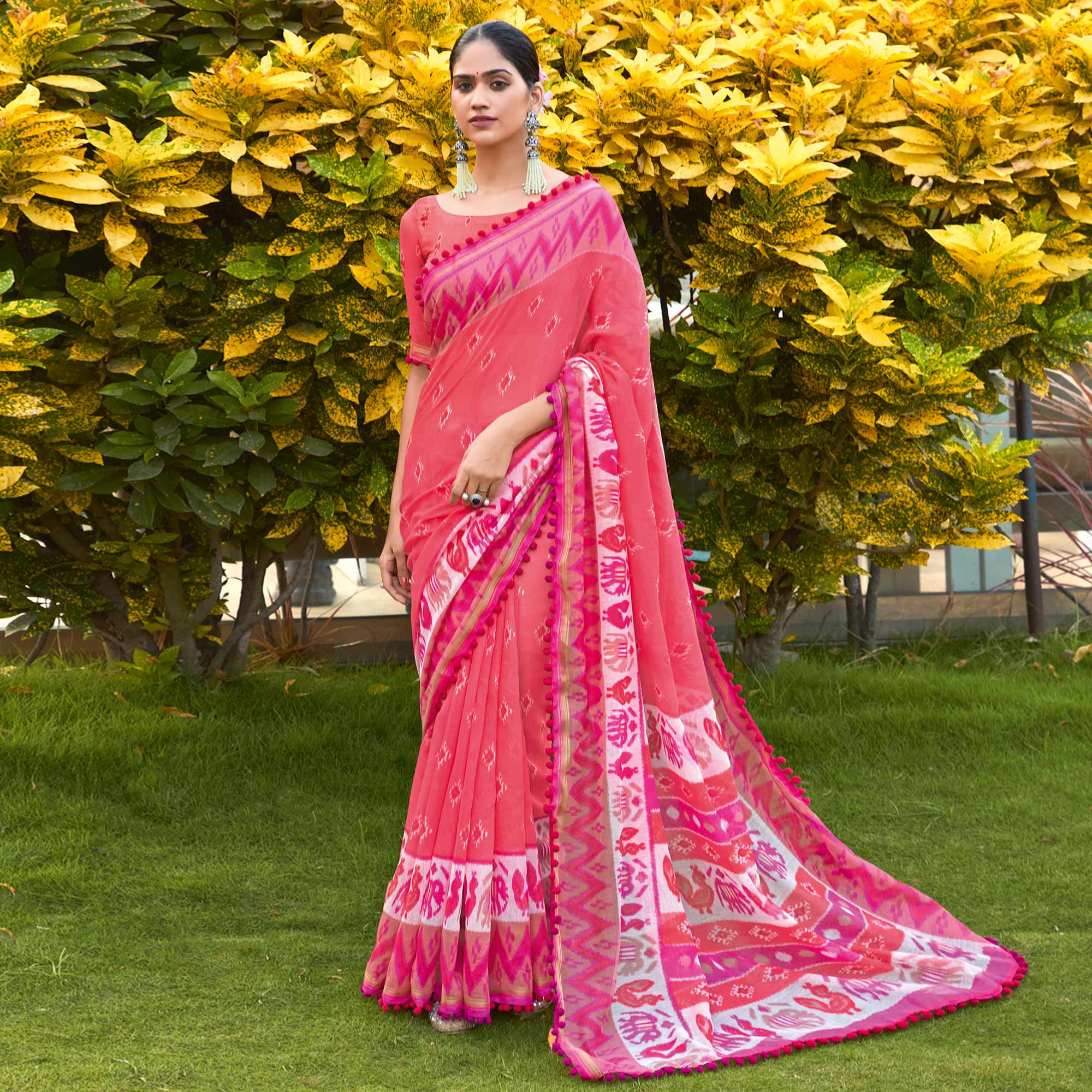 Pink Printed Pure Cotton Saree With Pum Pum Border