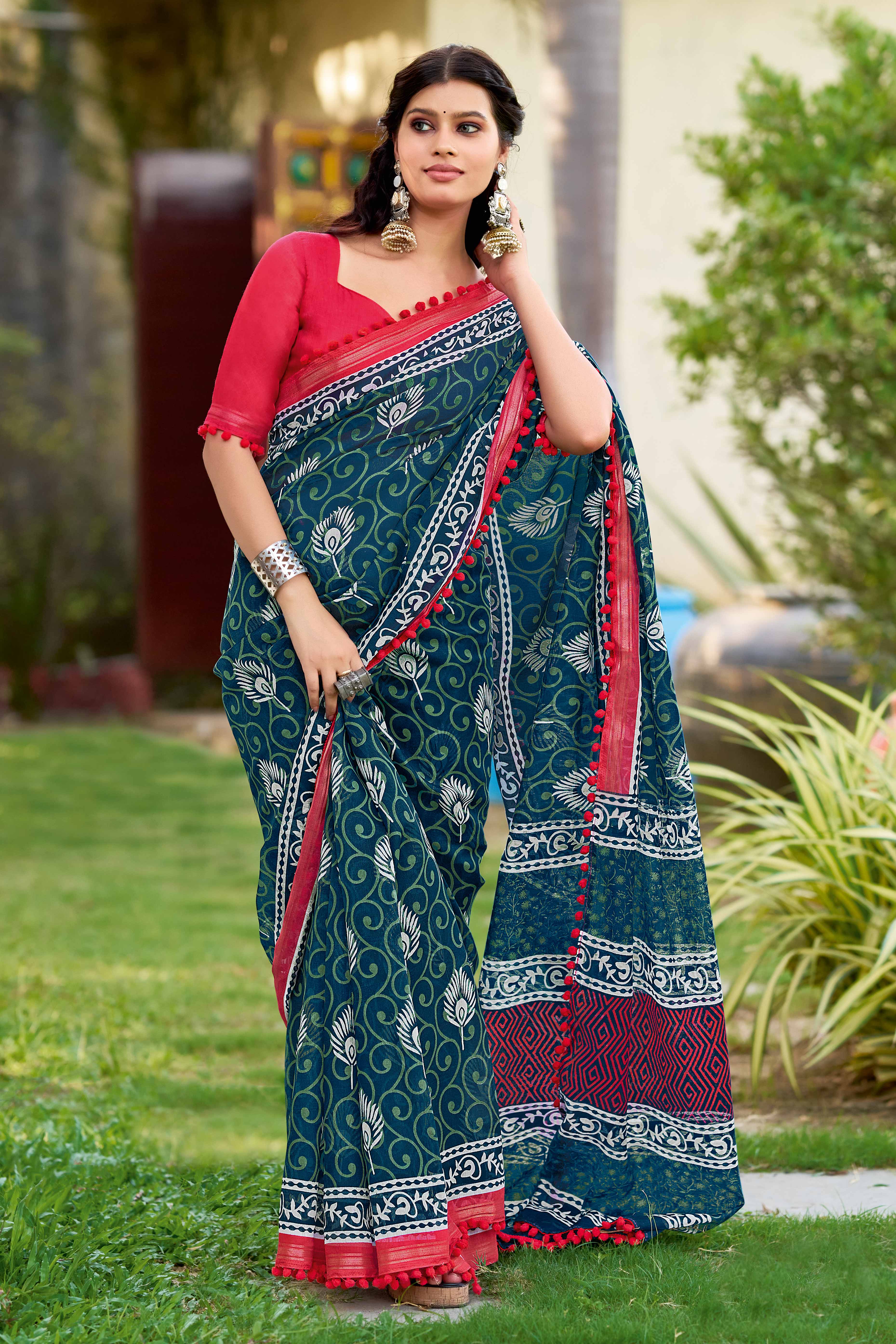 Casual Teal Floral Print Saree in Lightweight Pure Mul Cotton