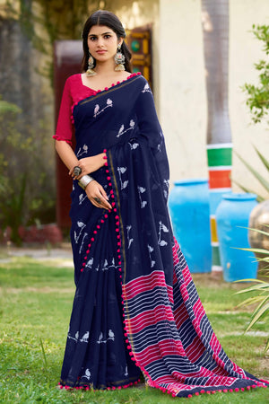 Contemporary Navy Blue Saree with Unique Abstract Patterns In Pure Cotton