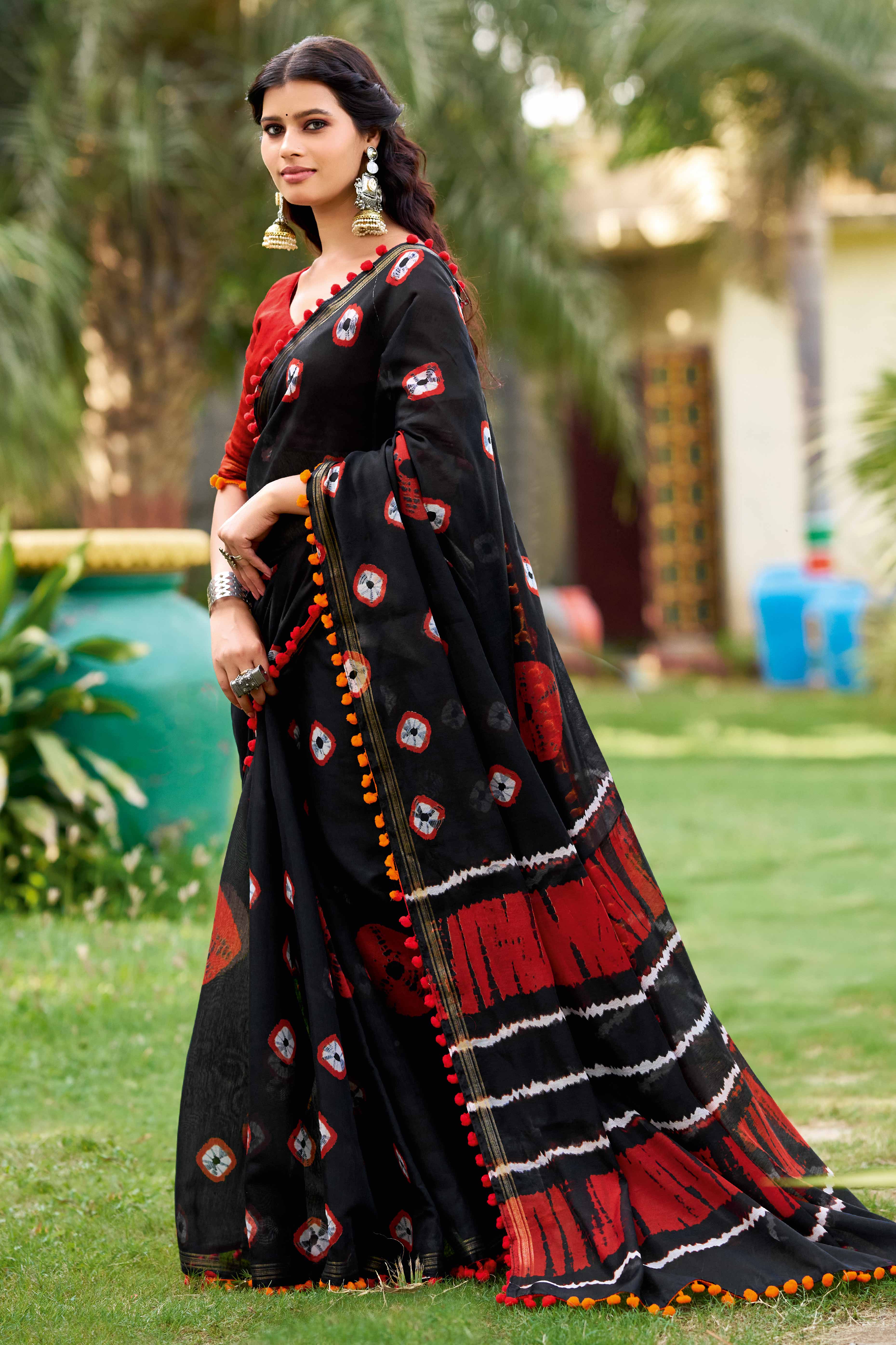 Black Pure Mul Cotton Saree with Vibrant Bandhani Patterns