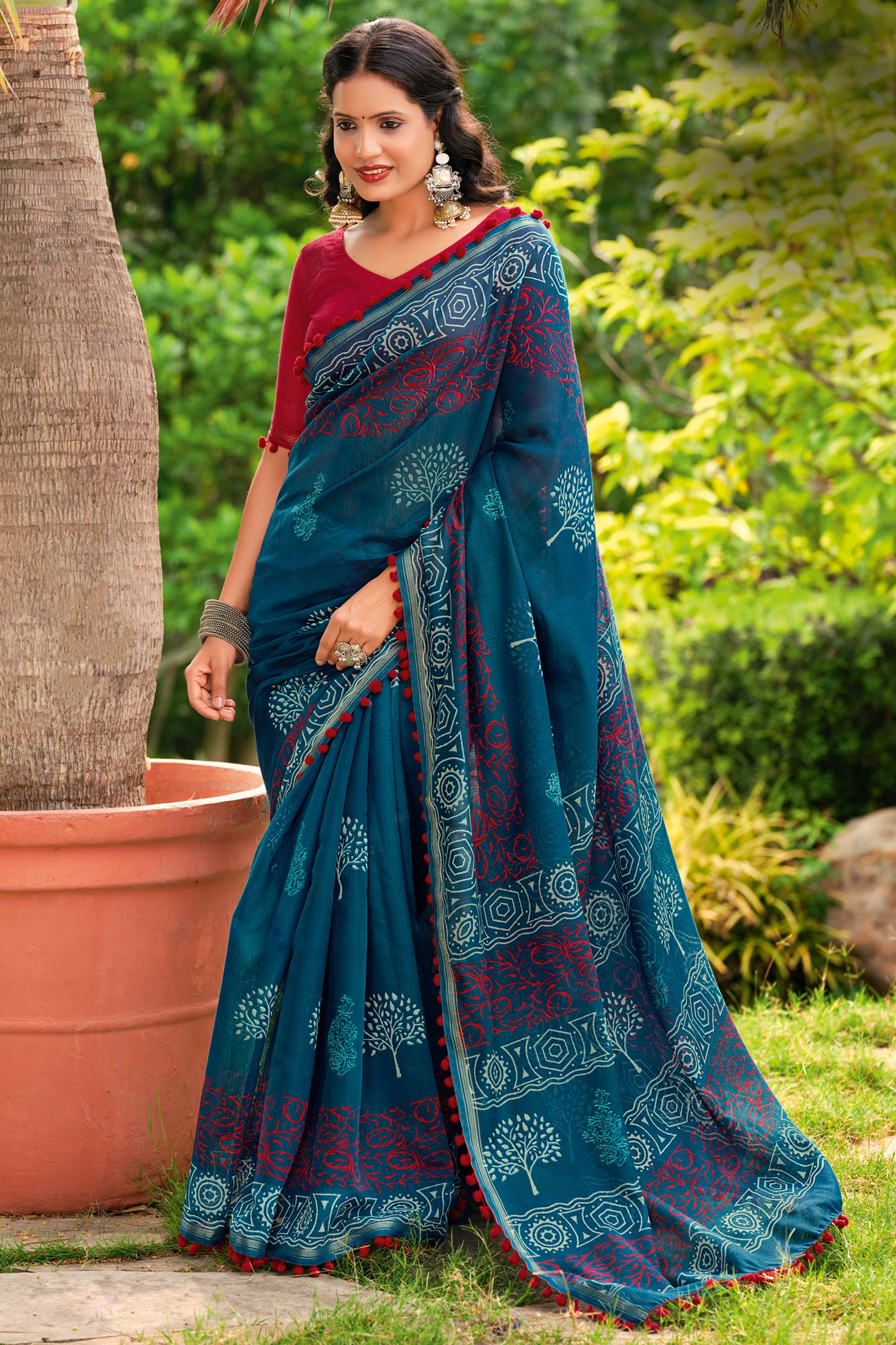Teal Cotton Saree with Modern Abstract Prints and Feminine Lace Trim