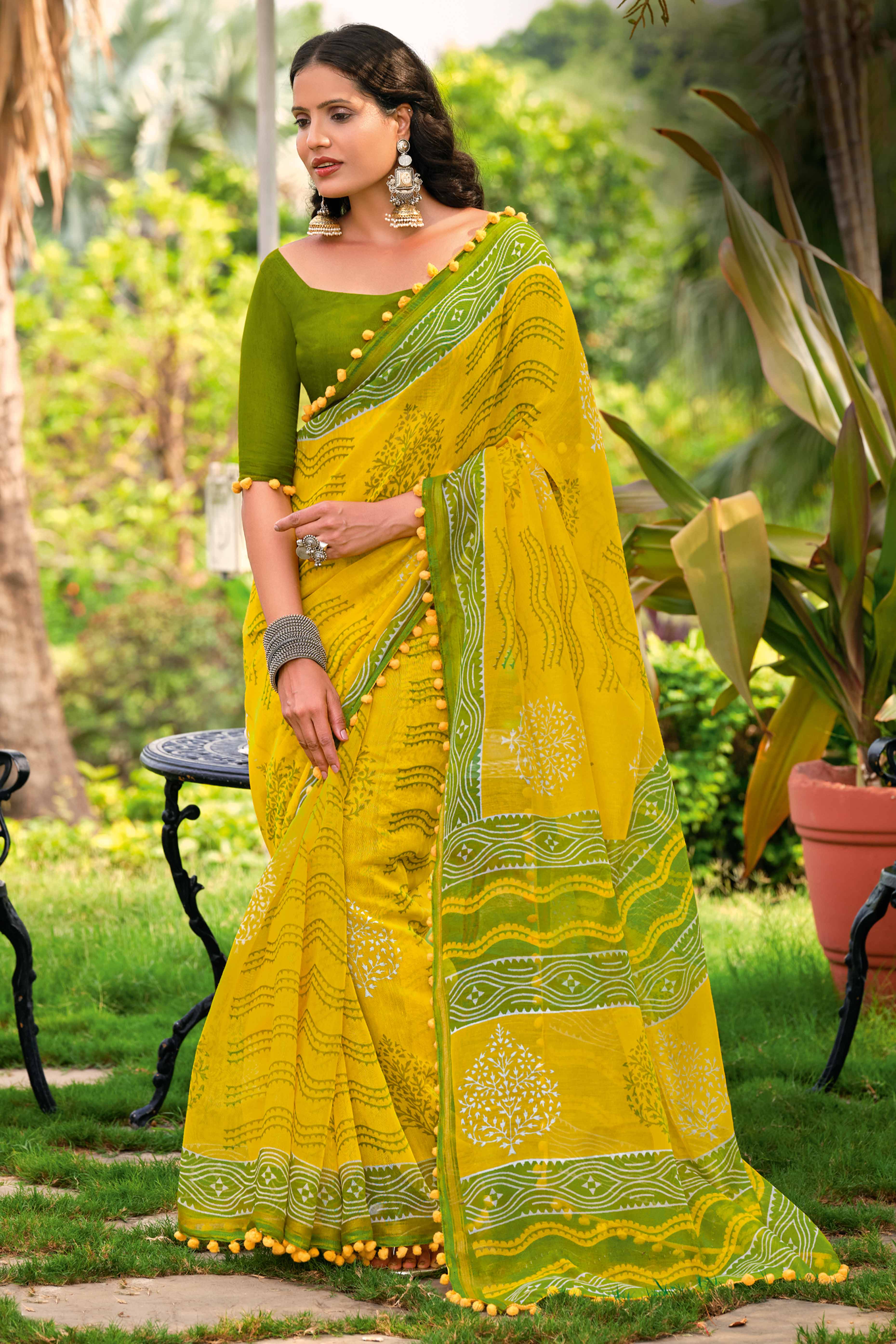Yellow Cotton Saree with Modern Abstract Prints and Feminine Lace Trim