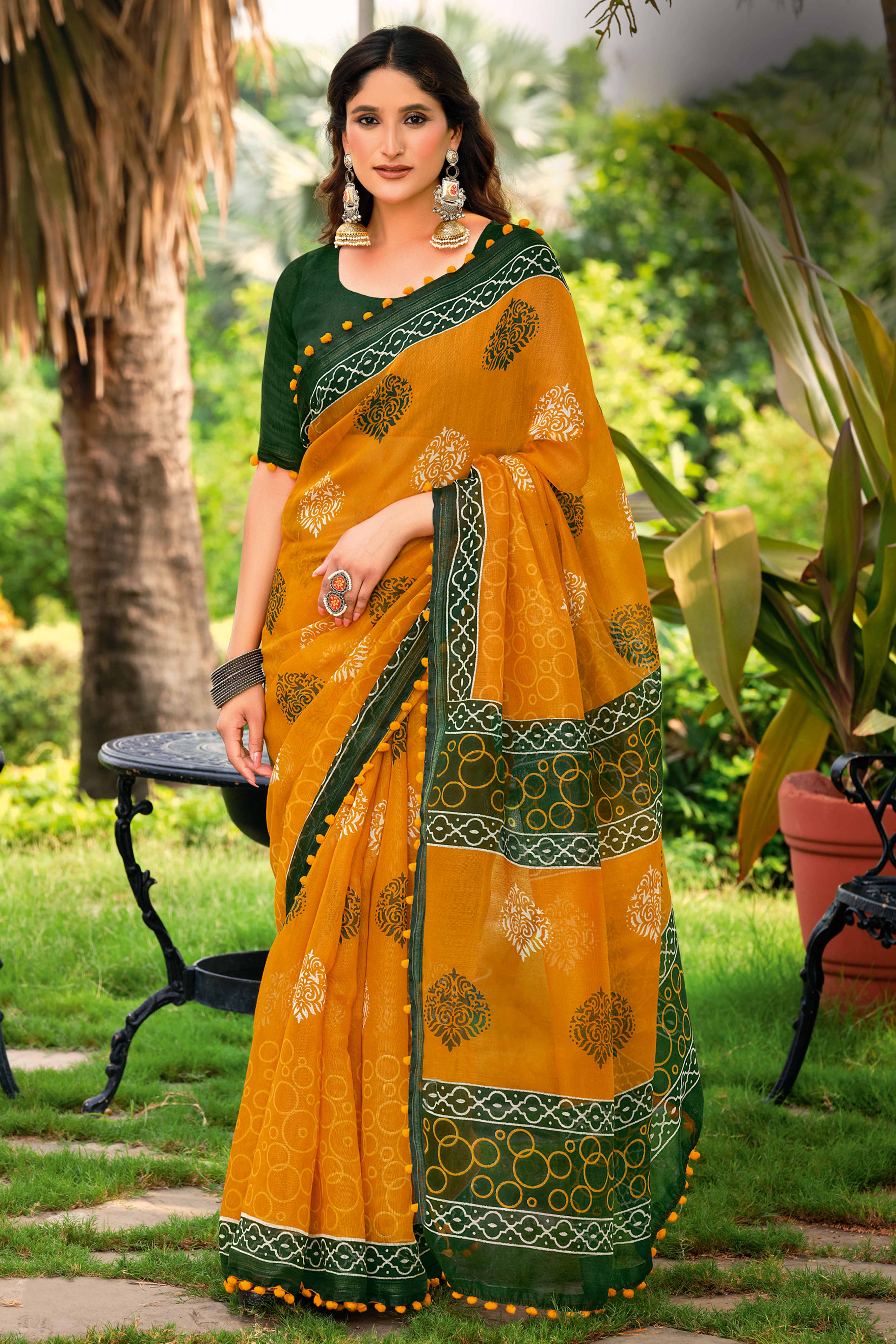 Mustard Cotton Saree with Modern Abstract Prints and Feminine Lace Trim