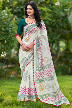 White Mulmul Cotton Saree with Contemporary Abstract Art Prints