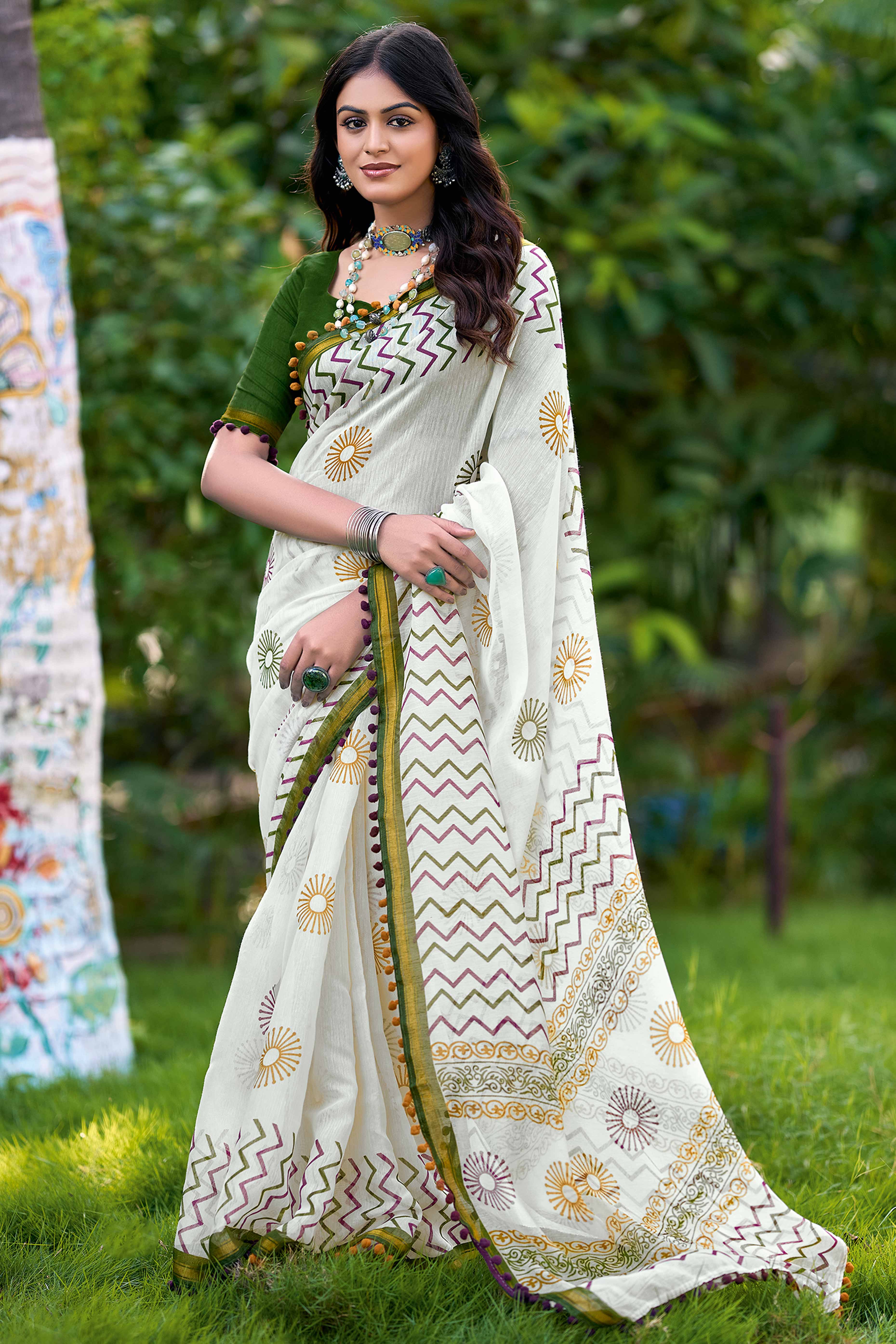 Mulmul Cotton Saree in White with Artistic Abstract Design