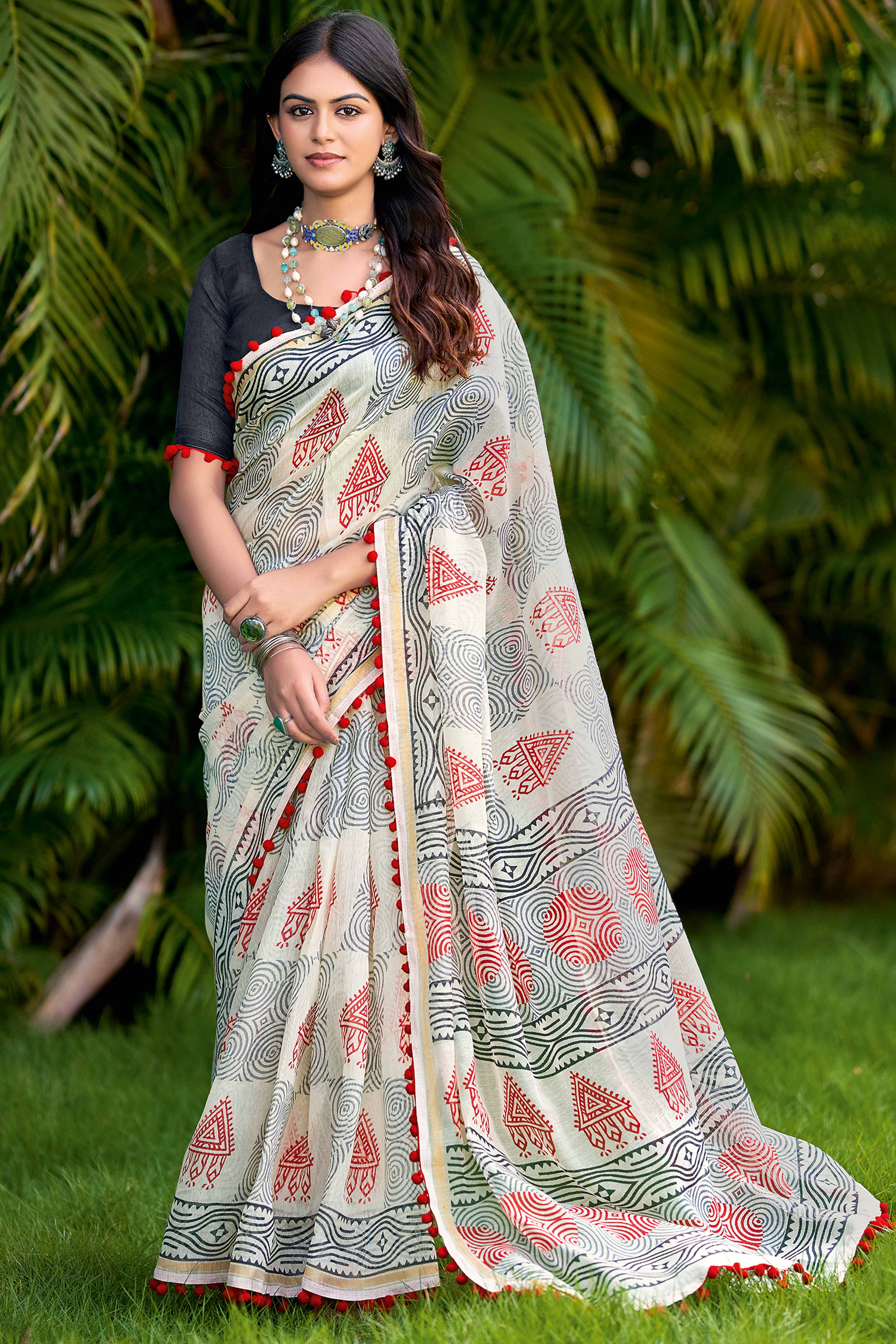 White Cotton Saree with Fluid Abstract Prints for Everyday Grace